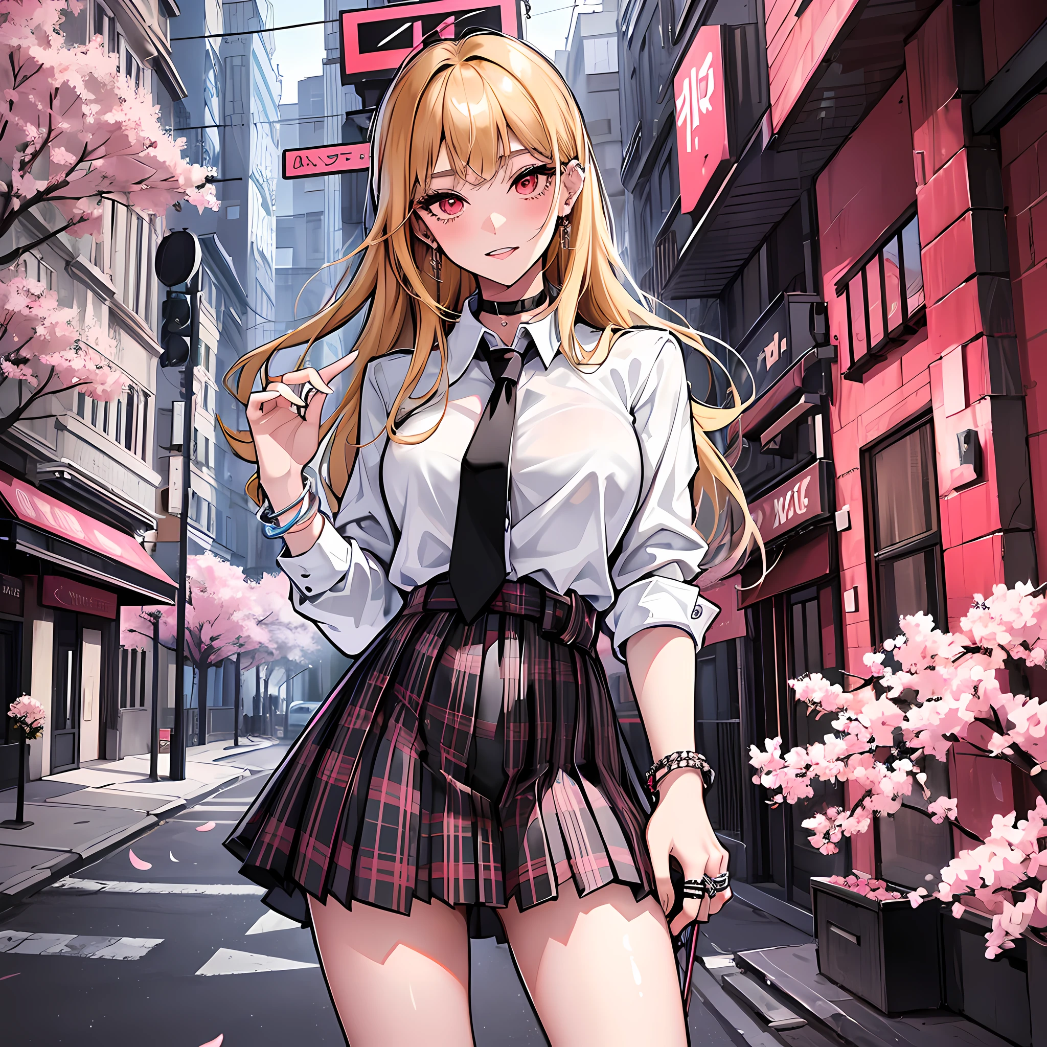 masterpiece, best quality, full body, 1girl, bangs, black choker, black necktie, blonde hair, blue skirt, blush, bracelet, breasts, choker, clothes around waist, collarbone, collared shirt, cowboy shot, dress shirt, ear piercing, eyebrows visible through hair, gradient hair, grin, gyaru, jewelry, kogal, long hair, looking at viewer, loose necktie, necktie, piercing, plaid, plaid skirt, pleated skirt, red eyes, ring, school uniform, shirt, skirt, smile, solo, white shirt, street, sky, cherry blossoms, petals,illustration, (magazine:1.3), (cover-style:1.3), fashionable, woman, vibrant, outfit, posing, front, colorful, dynamic, background, elements, confident, expression, holding, statement, accessory, majestic, coiled, around, touch, scene, text, cover, bold, attention-grabbing, title, stylish, font, catchy, headline, larger, striking, modern, trendy, focus, fashion,