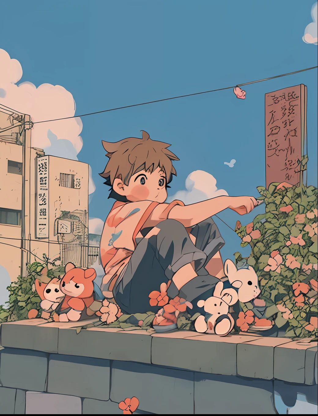 anime boy sitting on a ledge with stuffed animals, cute art style, lofi artstyle, cute detailed digital art, anime aesthetic, cute anime, high quality anime artstyle, anime boy, anime artstyle, cute detailed artwork, soft anime illustration, lofi girl, lofi aesthetic, lofi art, lofi, cute artwork, high quality fanart, illustrated anime