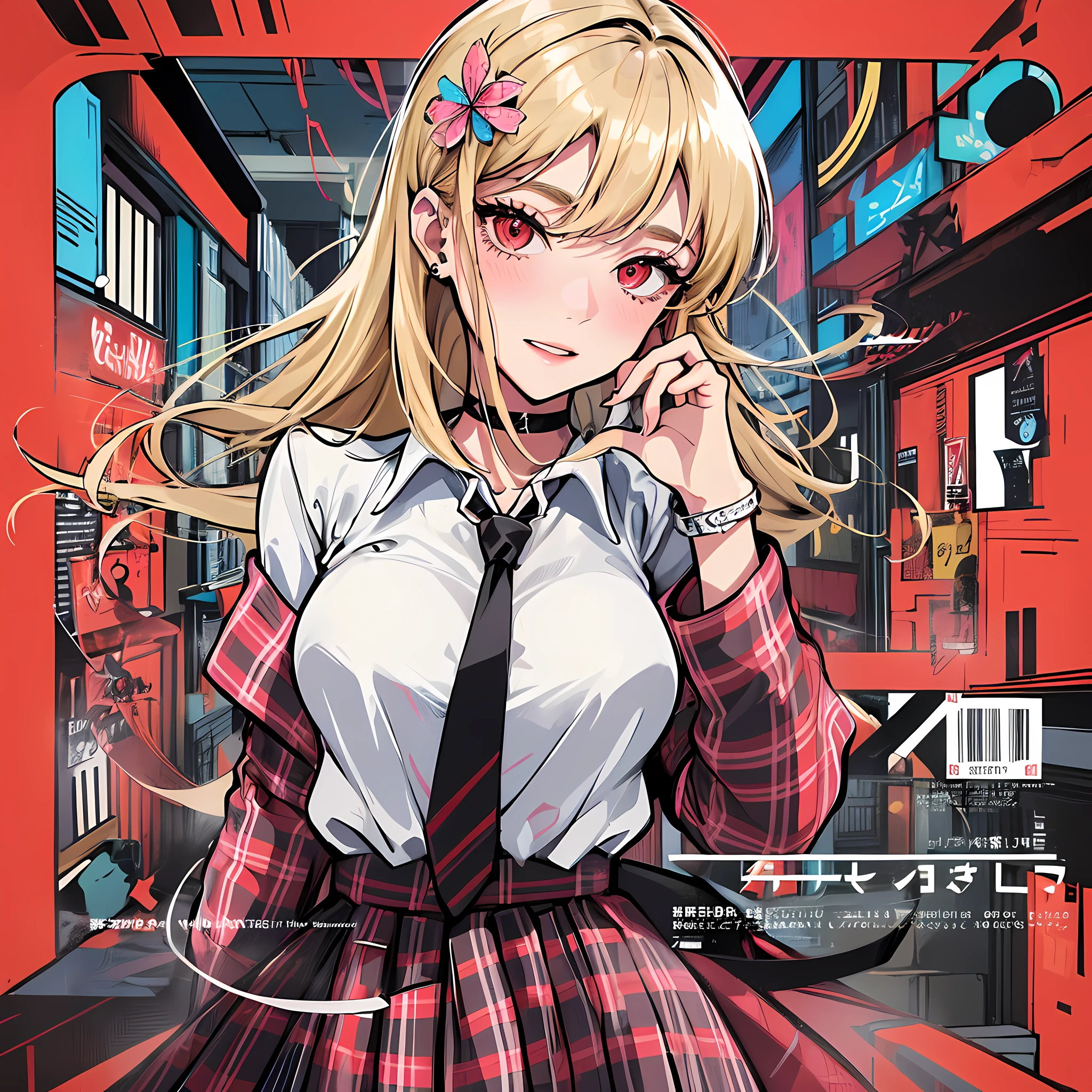 masterpiece, best quality, full body, 1girl, bangs, black choker, black necktie, blonde hair, blue skirt, blush, bracelet, breasts, choker, clothes around waist, collarbone, collared shirt, cowboy shot, dress shirt, ear piercing, eyebrows visible through hair, gradient hair, grin, gyaru, jewelry, kogal, long hair, looking at viewer, loose necktie, necktie, piercing, plaid, plaid skirt, pleated skirt, red eyes, ring, school uniform, shirt, skirt, smile, solo, white shirt, street, sky, cherry blossoms, petals,illustration, (magazine:1.3), (cover-style:1.3), fashionable, woman, vibrant, outfit, posing, front, colorful, dynamic, background, elements, confident, expression, holding, statement, accessory, majestic, coiled, around, touch, scene, text, cover, bold, attention-grabbing, title, stylish, font, catchy, headline, larger, striking, modern, trendy, focus, fashion,