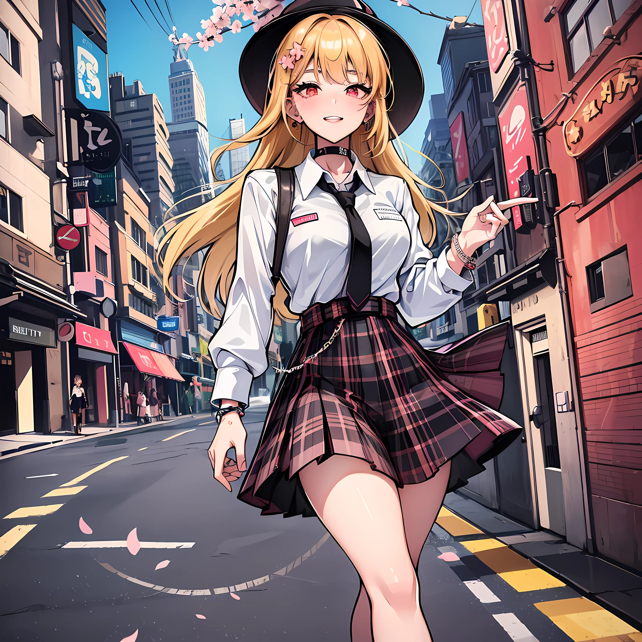 masterpiece, best quality, full body, 1girl, bangs, black choker, black necktie, blonde hair, blue skirt, blush, bracelet, breasts, choker, clothes around waist, collarbone, collared shirt, cowboy shot, dress shirt, ear piercing, eyebrows visible through hair, gradient hair, grin, gyaru, jewelry, kogal, long hair, looking at viewer, loose necktie, necktie, piercing, plaid, plaid skirt, pleated skirt, red eyes, ring, school uniform, shirt, skirt, smile, solo, white shirt, street, sky, cherry blossoms, petals,illustration, (magazine:1.3), (cover-style:1.3), fashionable, woman, vibrant, outfit, posing, front, colorful, dynamic, background, elements, confident, expression, holding, statement, accessory, majestic, coiled, around, touch, scene, text, cover, bold, attention-grabbing, title, stylish, font, catchy, headline, larger, striking, modern, trendy, focus, fashion,