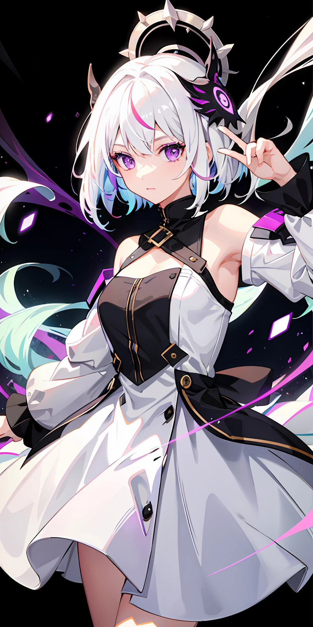 1girl, white hair, multicolored hair, purple eyes, mask on head, sidelighting, light particles, wallpaper,