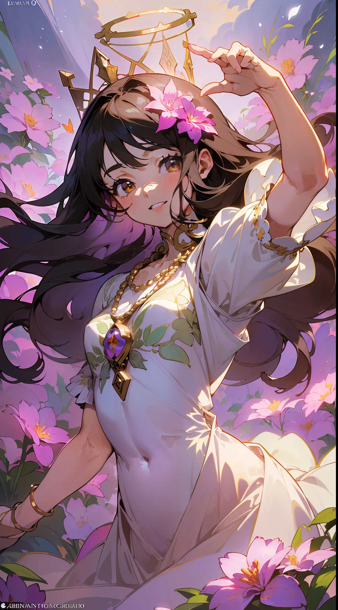(alphaoz Mucha: 0.3), (decorative composition: 1.6), masterpiece, high quality, (((photoreal)), cinematic direction, (high contrast), depth of field, (award-winning difference photography), face detail, detailed drawing, there is a place in the forest where flowers bloom, a girl dancing in a snow-white summer dress in a flower garden, the girl is 9 years old, Black hair berry long hair, summer sky, summer clouds, (summer dazzling sunlight: 1.4), flower garden, girl with open arms, necklace, crown of flowers, butterfly, fluttering petals, dynamic movement, (dance), smile, showing teeth, (((flower)), liana, leaf, (dazzling halo), five fingers, correct hand shape,