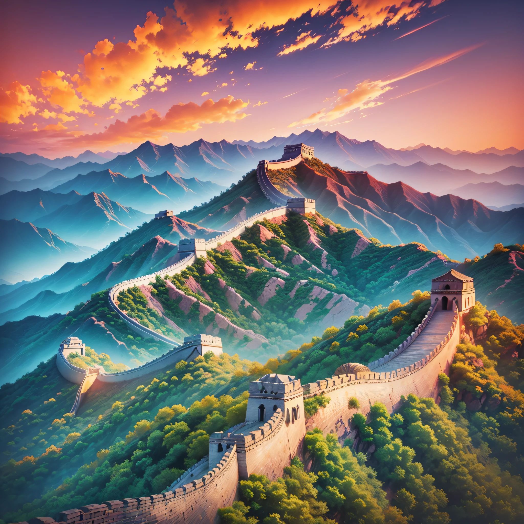 There is a beautiful sunset with the Great Wall in the background, colorful sky, surreal colors, majestic Great Wall surrounding the mountains --auto --s2