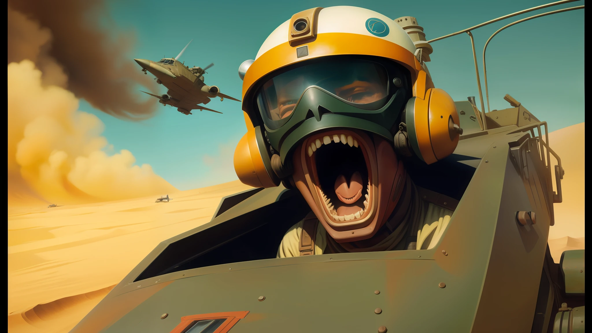 there is a man in a helmet and goggles driving a plane, darius zawadzki and tom bagshaw, screaming face, zaku, desert, detailed expressive faces, war cry, syd mead color scheme, tank girl, hyperrealism mixed with 2 d, large front teeth, on dune, uniform teeth, puṣkaracūḍa