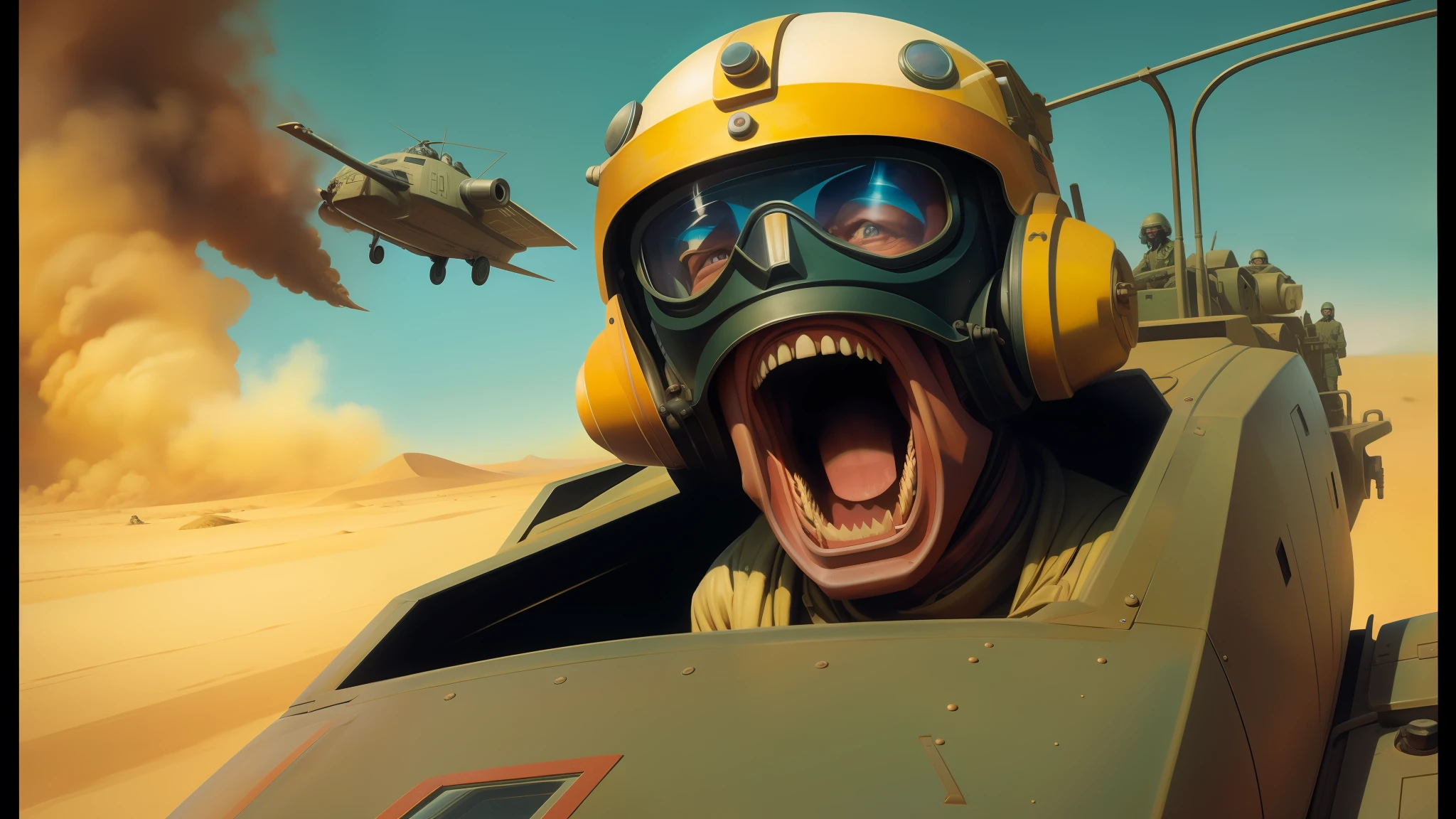 there is a man in a helmet and goggles driving a plane, darius zawadzki and tom bagshaw, screaming face, zaku, desert, detailed expressive faces, war cry, syd mead color scheme, tank girl, hyperrealism mixed with 2 d, large front teeth, on dune, uniform teeth, puṣkaracūḍa