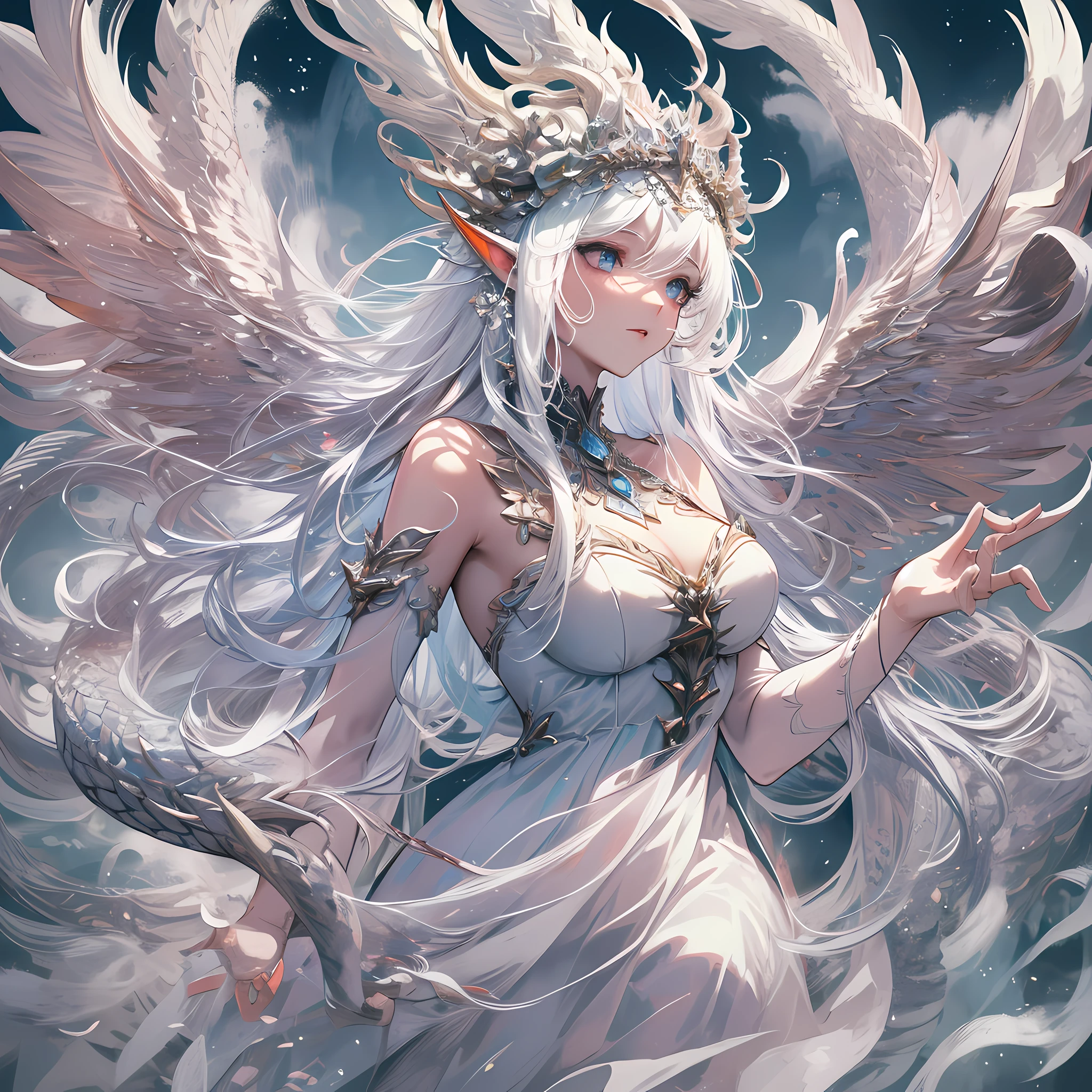 A white divine dragon with white scales, wrapped around a fairy, a fairy with long flowing hair and delicate facial features, wearing a long dress with clear and delicate layers, and a beautiful headdress