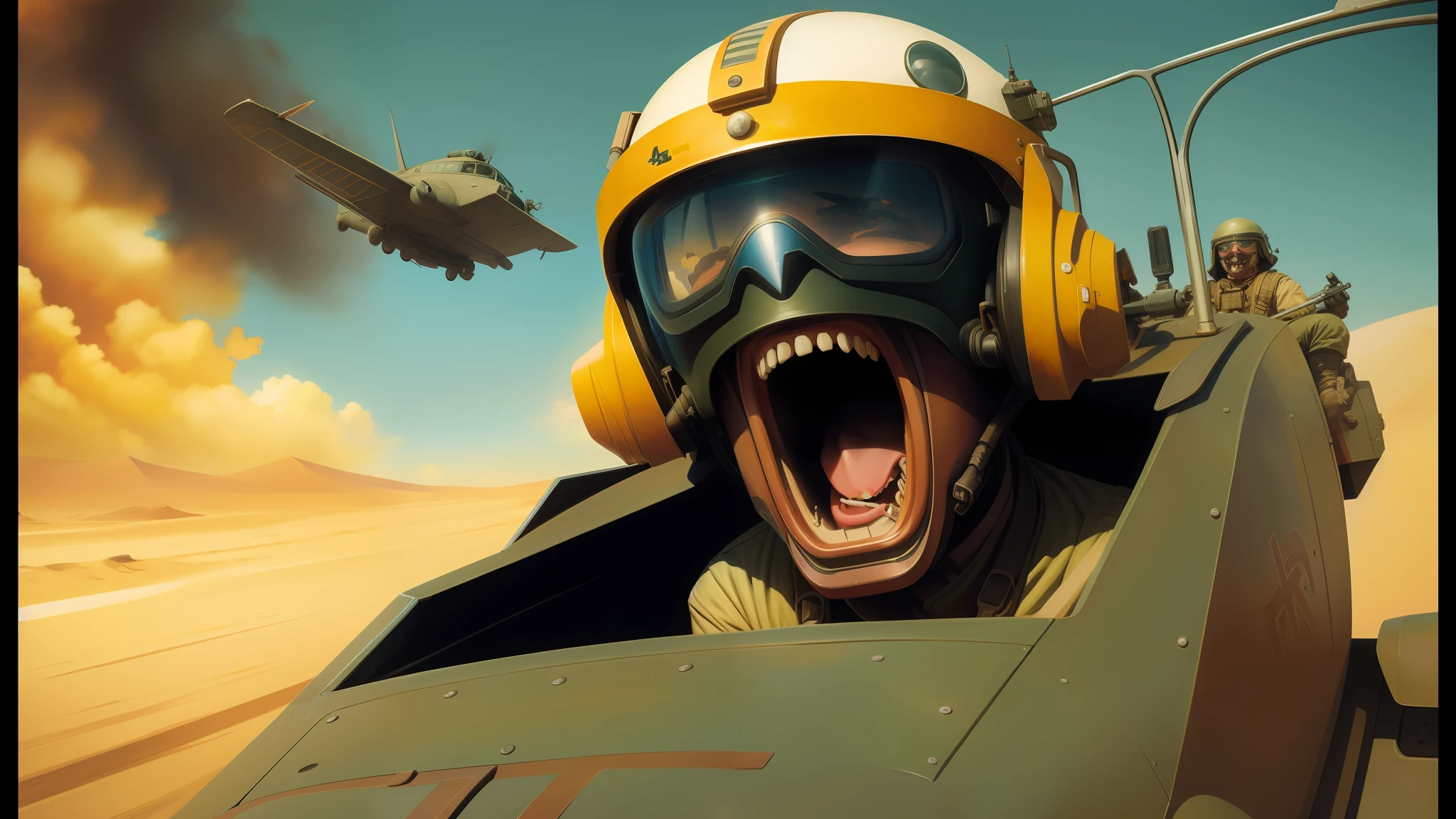 there is a man in a helmet and goggles driving a plane, darius zawadzki and tom bagshaw, screaming face, zaku, desert, detailed expressive faces, war cry, syd mead color scheme, tank girl, hyperrealism mixed with 2 d, large front teeth, on dune, uniform teeth, puṣkaracūḍa