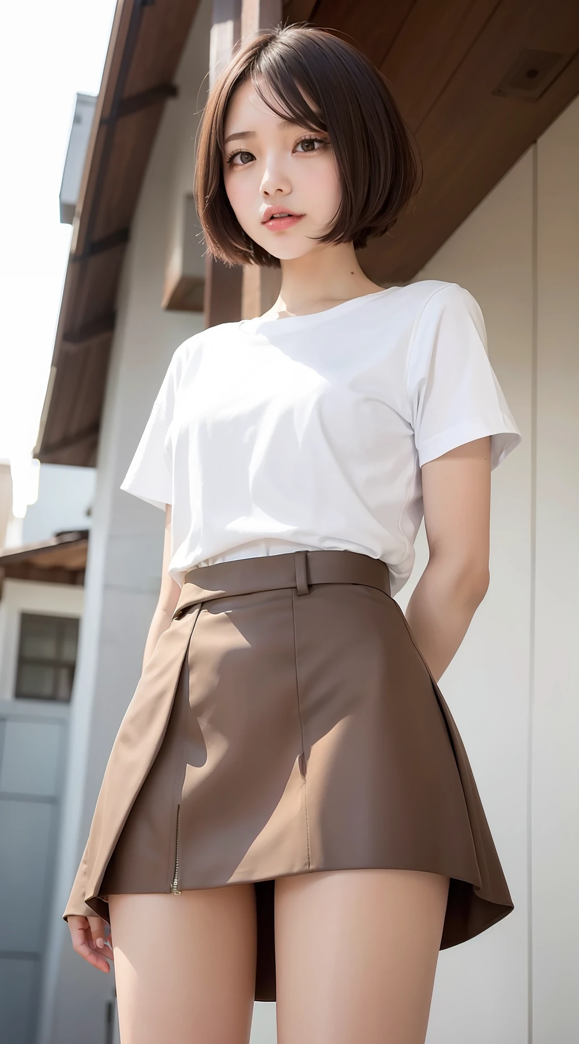short hair, miniskirt, urban, brown eyes, small breasts, thin legs, thin waist, 165 cm, looking up from below, panchira,