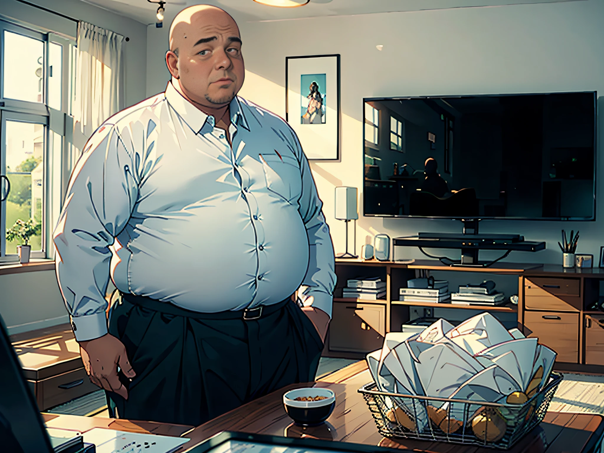 1 man, bald, obese, middle-aged man, white shirt, standing in living room, TV