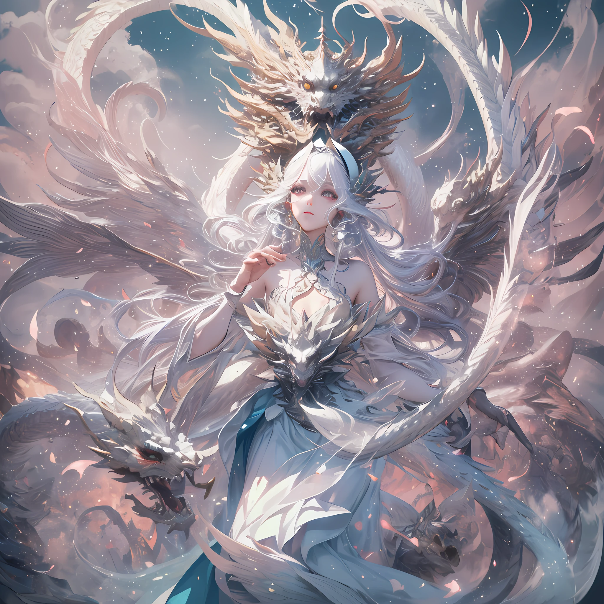 A white divine dragon with white scales, wrapped around a fairy, a fairy with long flowing hair and delicate facial features, wearing a long dress with clear and delicate layers, and a beautiful headdress