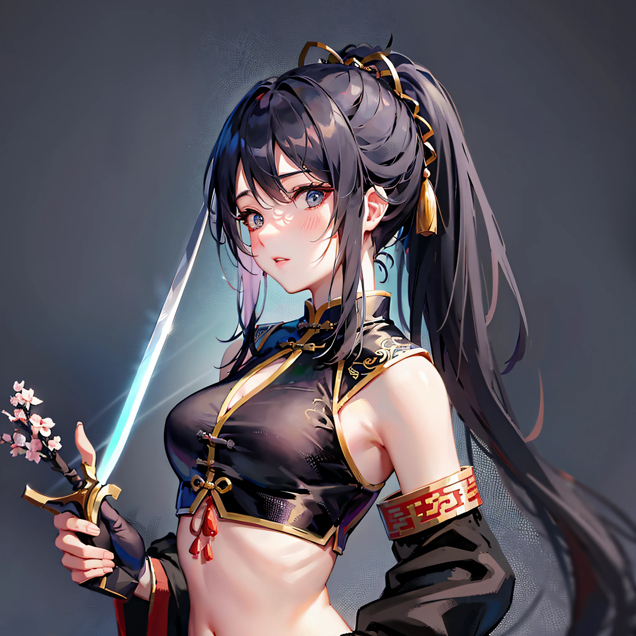 Chinese antique style Fresh lines in ink color and anime girl holding sword beautiful, playful long ponytail --auto --s2