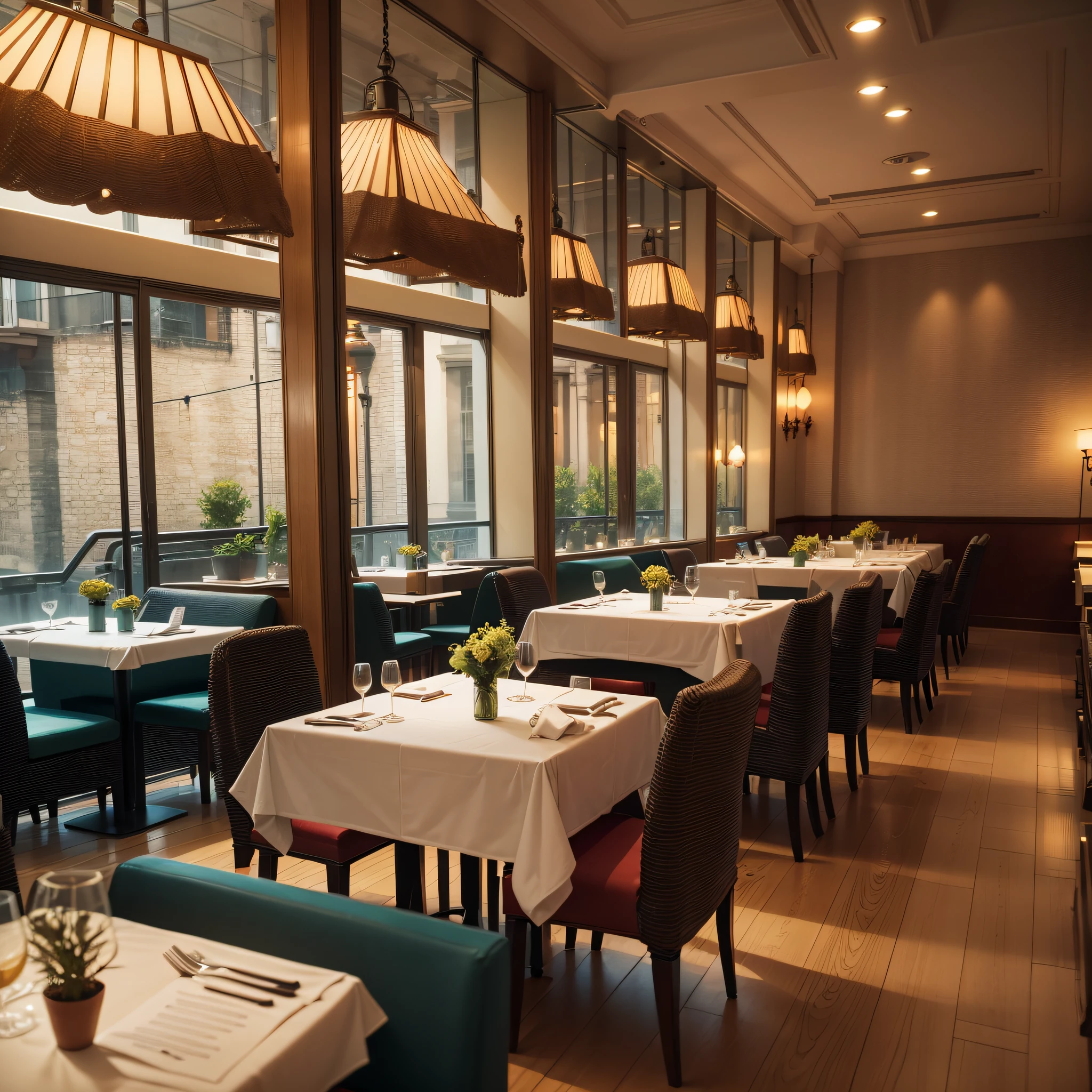 There are 5 tables in the restaurant with table lamps and warm lights --auto --s2