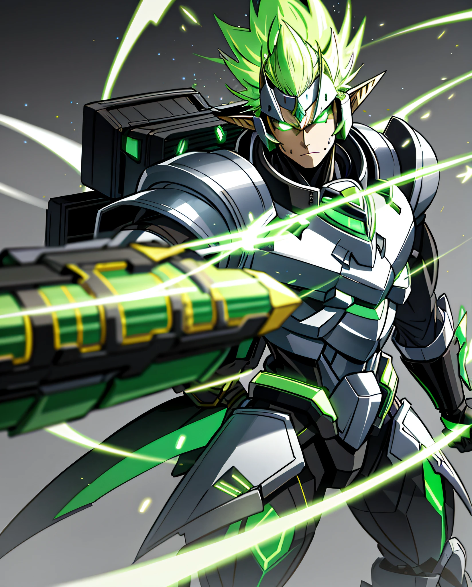 Elf, neon green spiked hair, gold and black mecha armor, massive energy cannons with glowing green-white orbs, fierce, deadly, master of magnetism, masterpiece, Best Quality