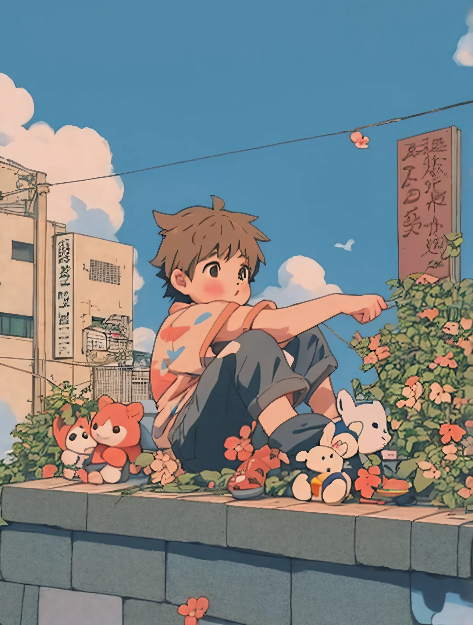 anime boy sitting on a ledge with stuffed animals, cute art style, lofi artstyle, cute detailed digital art, anime aesthetic, cute anime, high quality anime artstyle, anime boy, anime artstyle, cute detailed artwork, soft anime illustration, lofi girl, lofi aesthetic, lofi art, lofi, cute artwork, high quality fanart, illustrated anime