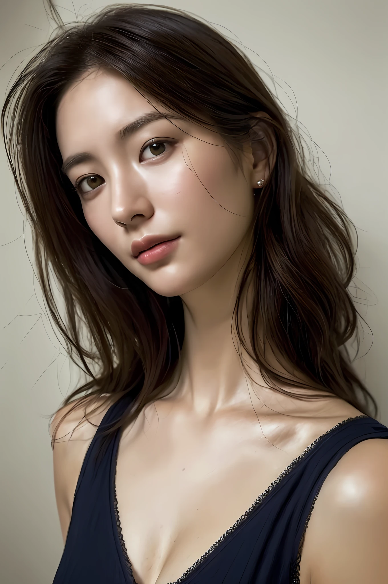 Dressed, (Photoreal: 1.4), (Hyperrealistic: 1.4), (Realistic: 1.3), (Smooth Lighting: 1.05), (Improved Cinematic Lighting: 0.9), 32K, 1 Girl, 20 Year Old Girl, Realistic Lighting, Backlit, Face Lights, Ray Tracking, (Bright Light: 1.2), (Quality Improvement: 1.4), ( Top quality realistic texture skin: 1.4), fine detailed eyes, detailed face, fine quality eyes, (tired and sleepy and contented: 0.0), face close-up, t-shirt, (enhance body line atmosphere: 1.1), (enhance skin texture beauty: 1.1), mom, mom, breastfeeding, childcare, bra
