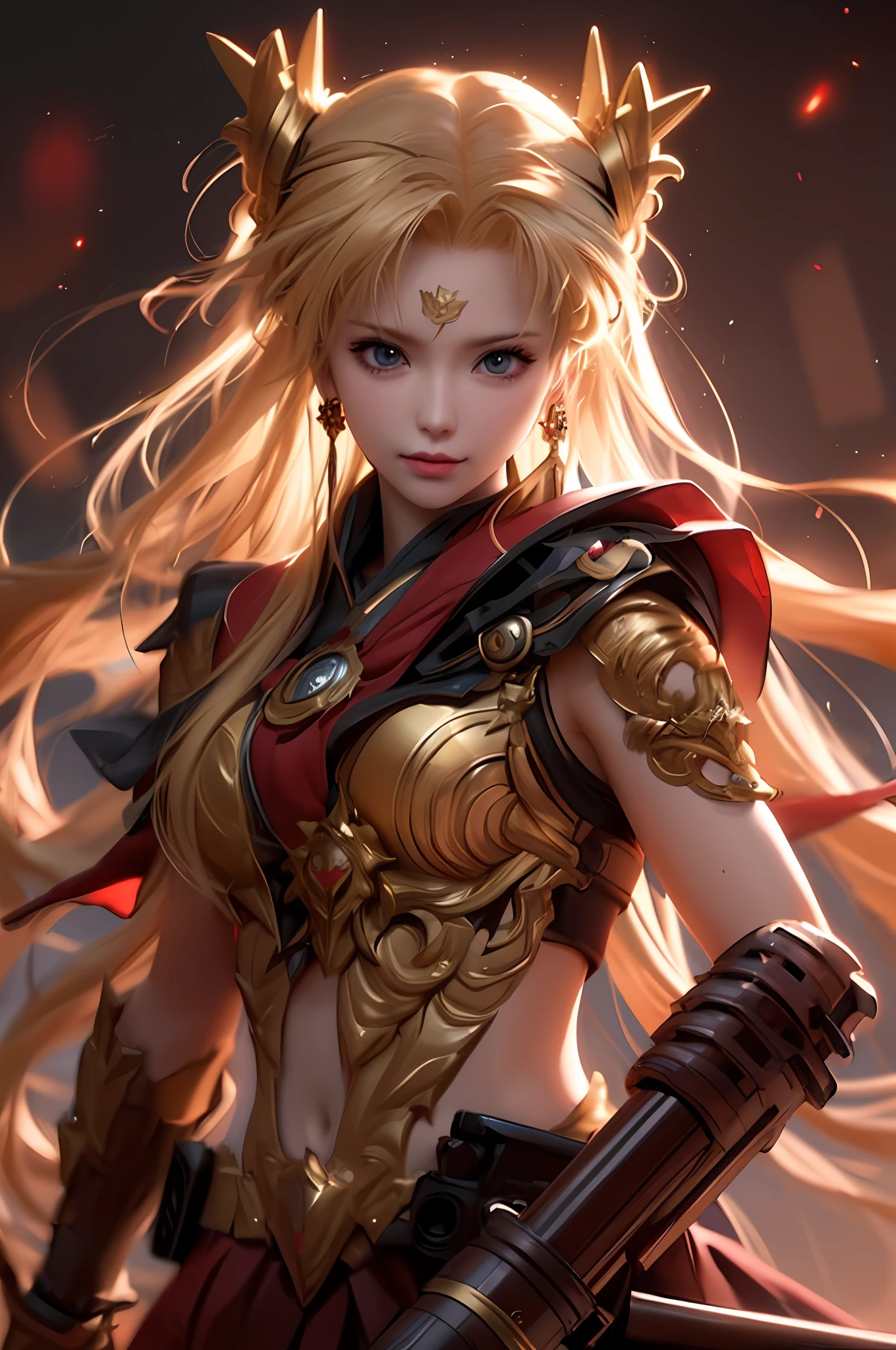 A woman with blonde hair and armor holding a Gatling gun, Yang J, portrait knight of the zodiac girl, IG model| ArtGerm, very detailed ArtGerm, Trends in CGsociety, Trends CGsociety, [Trends in CGsociety]!!, stunning CGsociety, CGsociety and weathering clocks, ArtGerm and WLOP