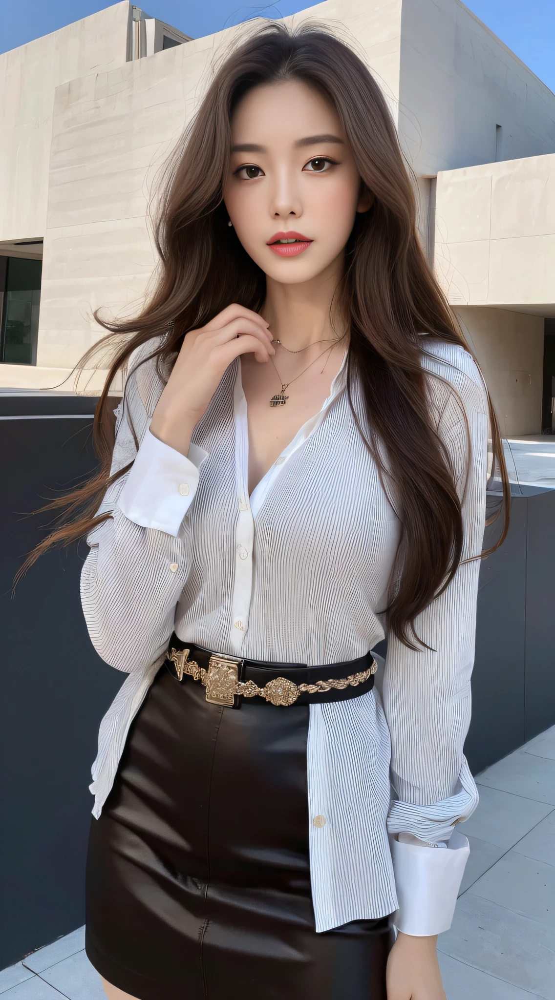 (Best quality, High resolution, Masterpiece :1.3), A tall and pretty woman, Slender abs, Dark brown hair styled in loose waves, Breasts, Wearing pendant, White button up shirt, Belt, Black skirt, (Modern architecture in background), Details exquisitely rendered in the face and skin texture, Detailed eyes, Double eyelid