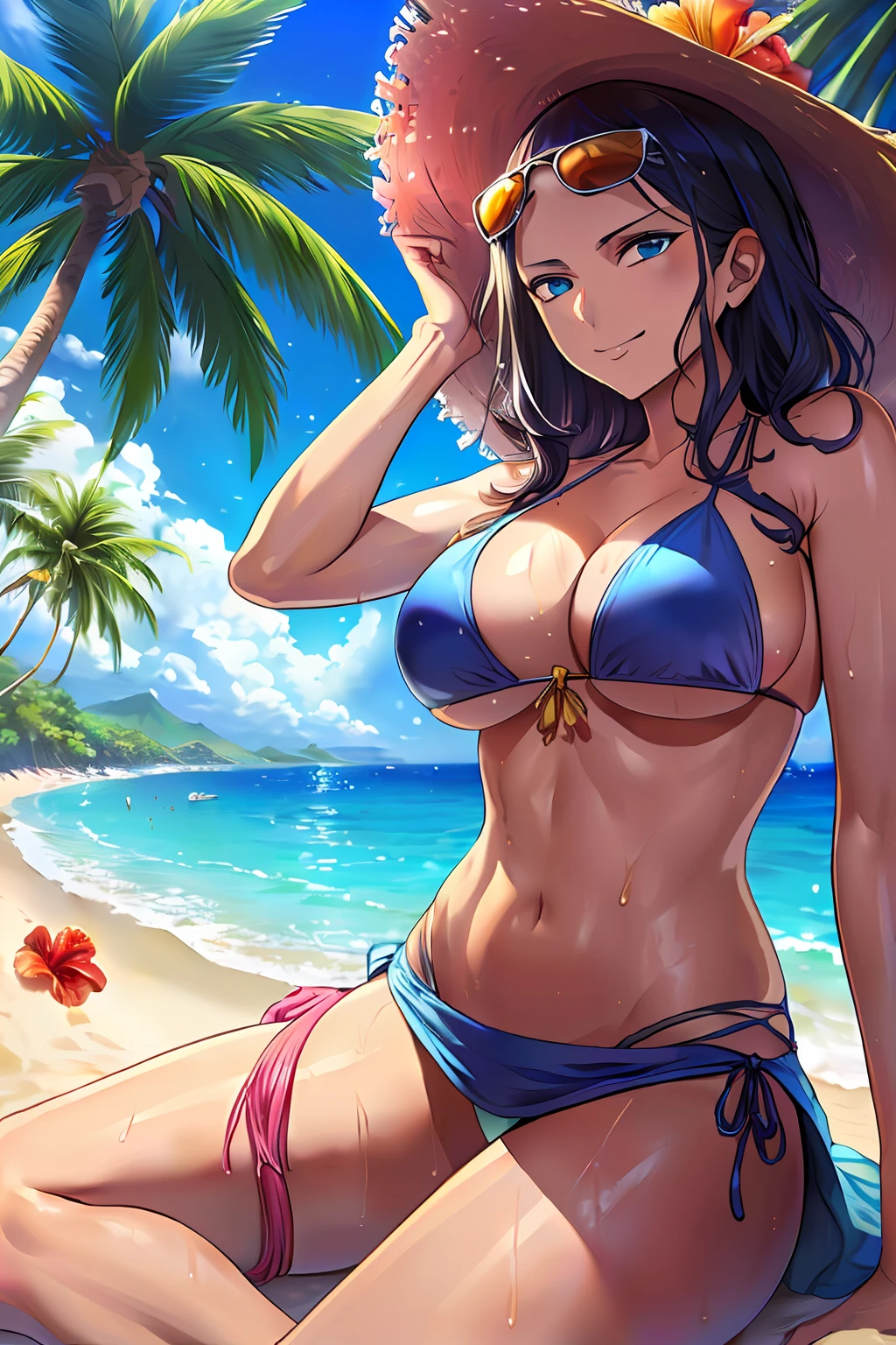 1girl (masterpiece:1.2) (detailed:1.2) (best quality:1.1) (shiny hair) (shiny skin), NicoRobinV2, cinematic lighting, (wet skin, wet hair, ocean:1.2), bikini, ocean, (beach, palm trees), beach, clear water,(blue sky, cumulonimbus),(island),(hibiscus),smile, sunglasses, blue eyes, one piece, Nico Robin, huge_breasts, side boobs, bikini skirt,