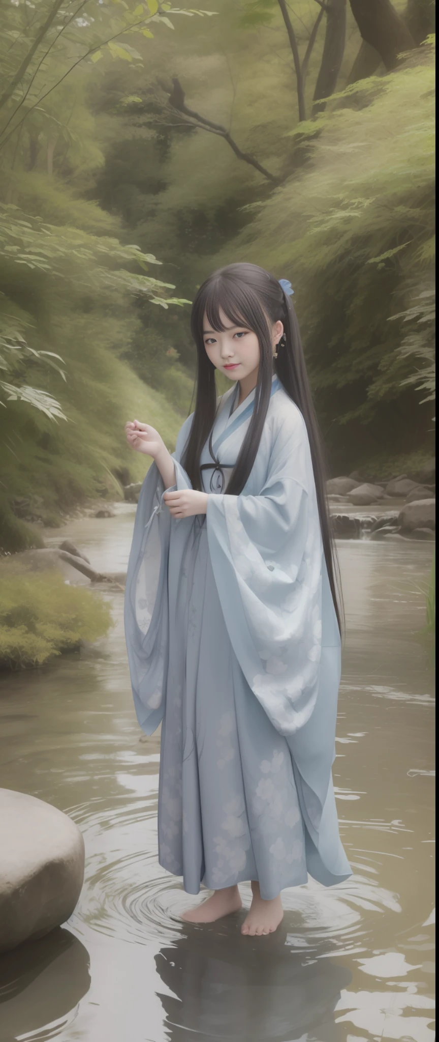 ((4k,masterpiece,best quality)), shuimobysim, traditional chinese ink painting, lotus, hanfu, maxiskit, dress conservatively
1girl, solo, long blue hair, smile, standing, feet in the water, barefoot,