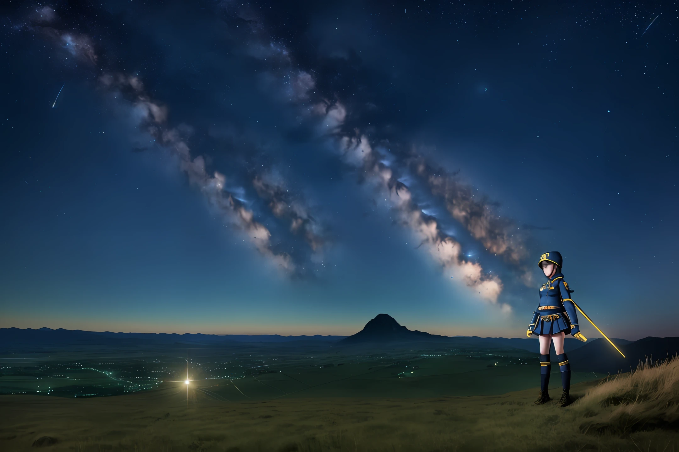 Girl in Yi costume, miniskirt, cute and sexy, standing in an endless grassland, with alpine starry sky in the background, bending down to look up at the starry sky