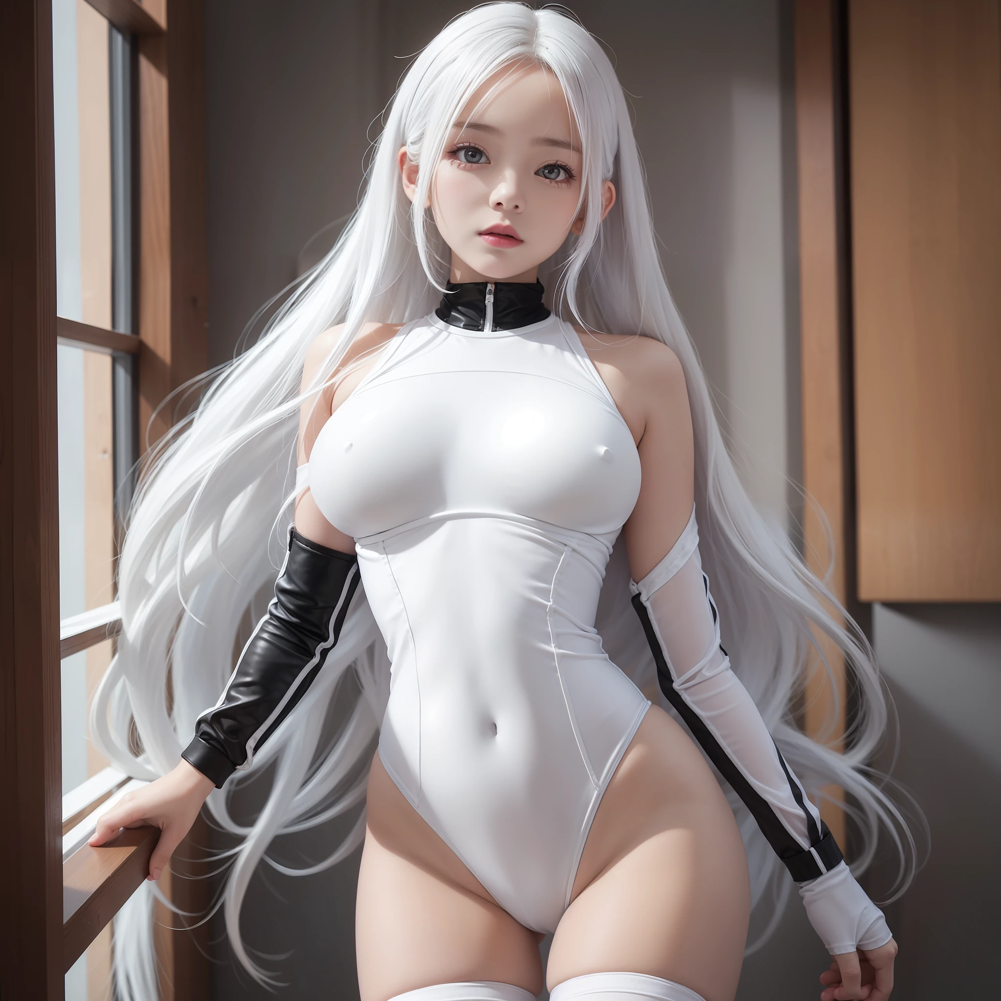 Top Quality, SLR, Single Girl, White Bodysuit, Perfect Figure, Loli Figure, Girl, ,B Cup Body Line, White Hair, Watch Viewer,Nipples Standing