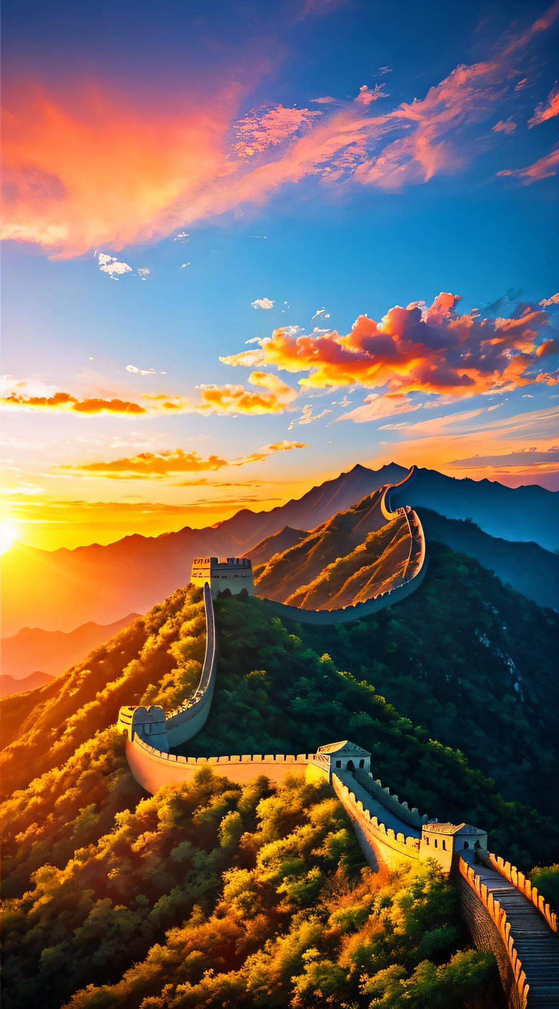 There is a beautiful sunset with the Great Wall in the background, colorful sky, surreal colors, majestic Great Wall surrounding the mountains