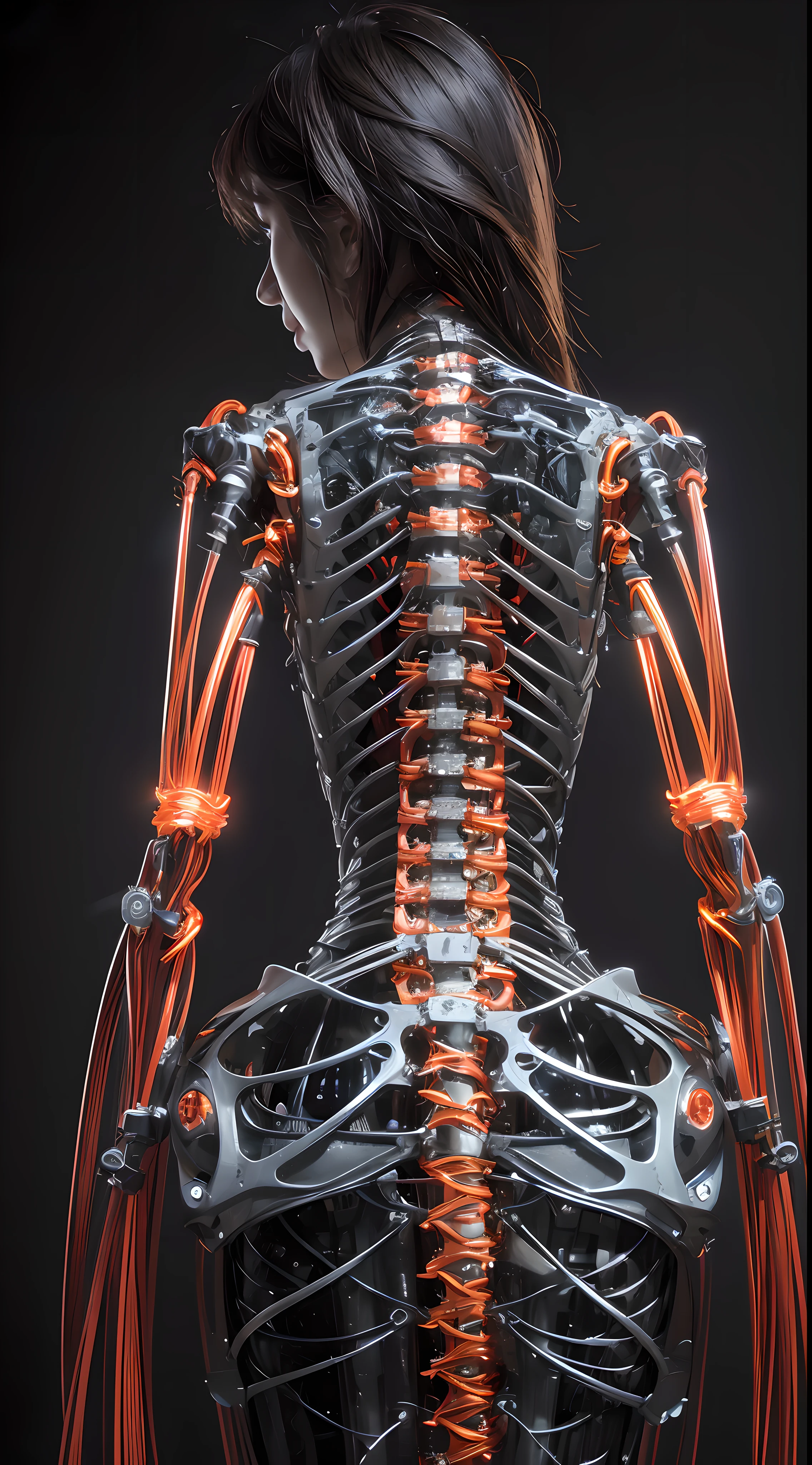 (((masterpiece))), ((best quality)), (ultra-detailed), (CG illustration), (an extremely devious and beautiful)), cinematic light, ((1 mechanical girl)), single, (machine-made joints: 1.4), ((mechanical limbs)), ( blood vessels attached to the tube), ((mechanical spine attached to the back)), ((mechanical cervical vertebrae attached to the neck), ((back to the viewer)), expressionless, (wires and cables attached to the head and body: 1.5), science fiction, apocalypse, ruins