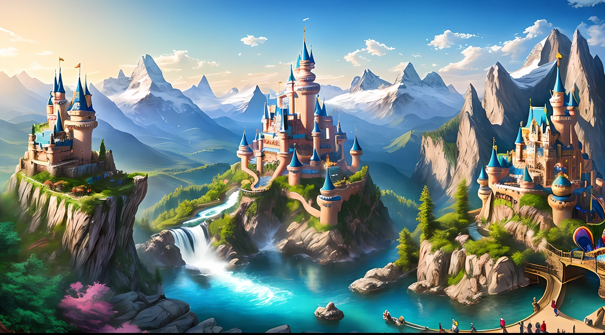 Carnival in Fantasyland, mountains, rivers and waterfalls,