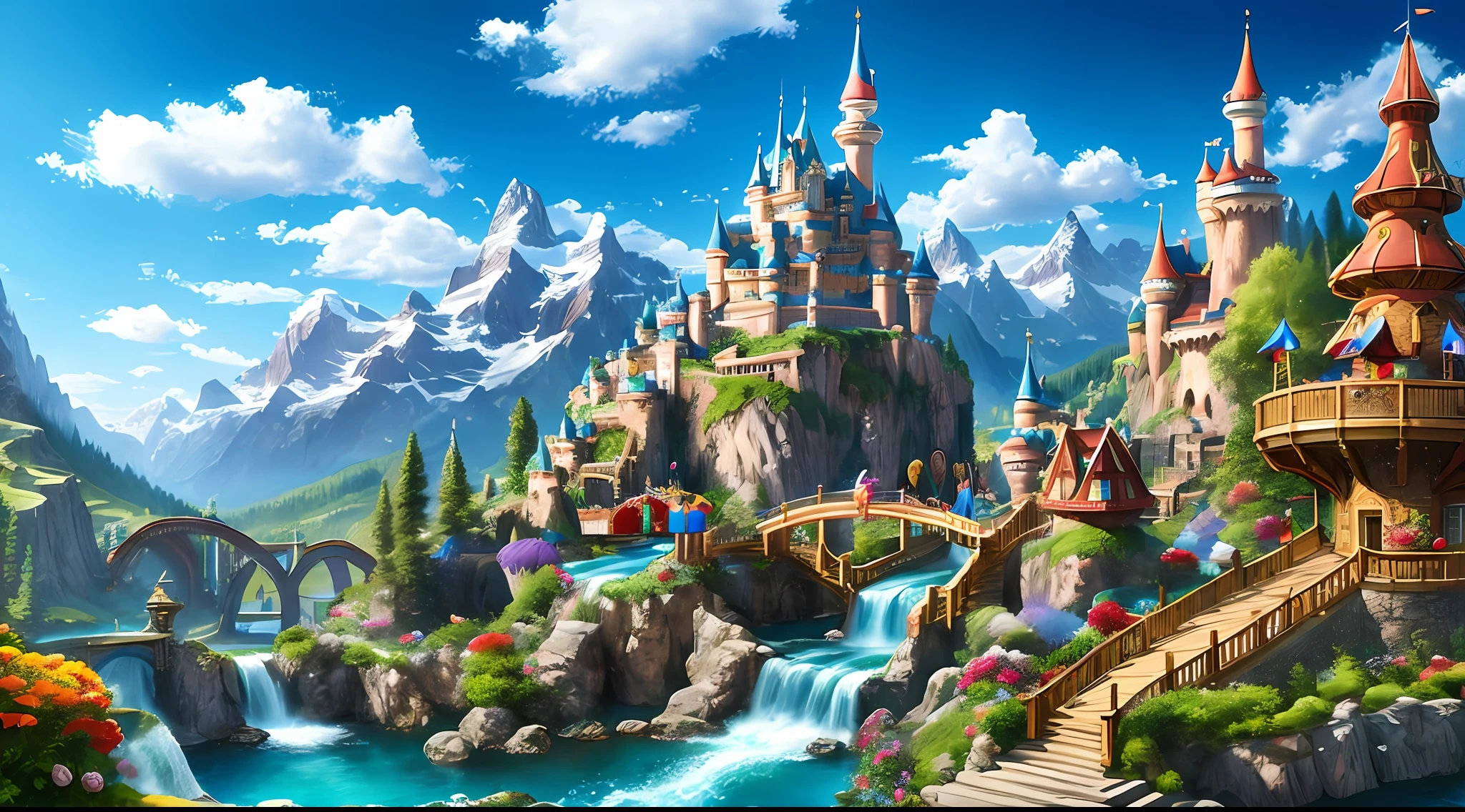 Carnival in Fantasyland, mountains, rivers and waterfalls,