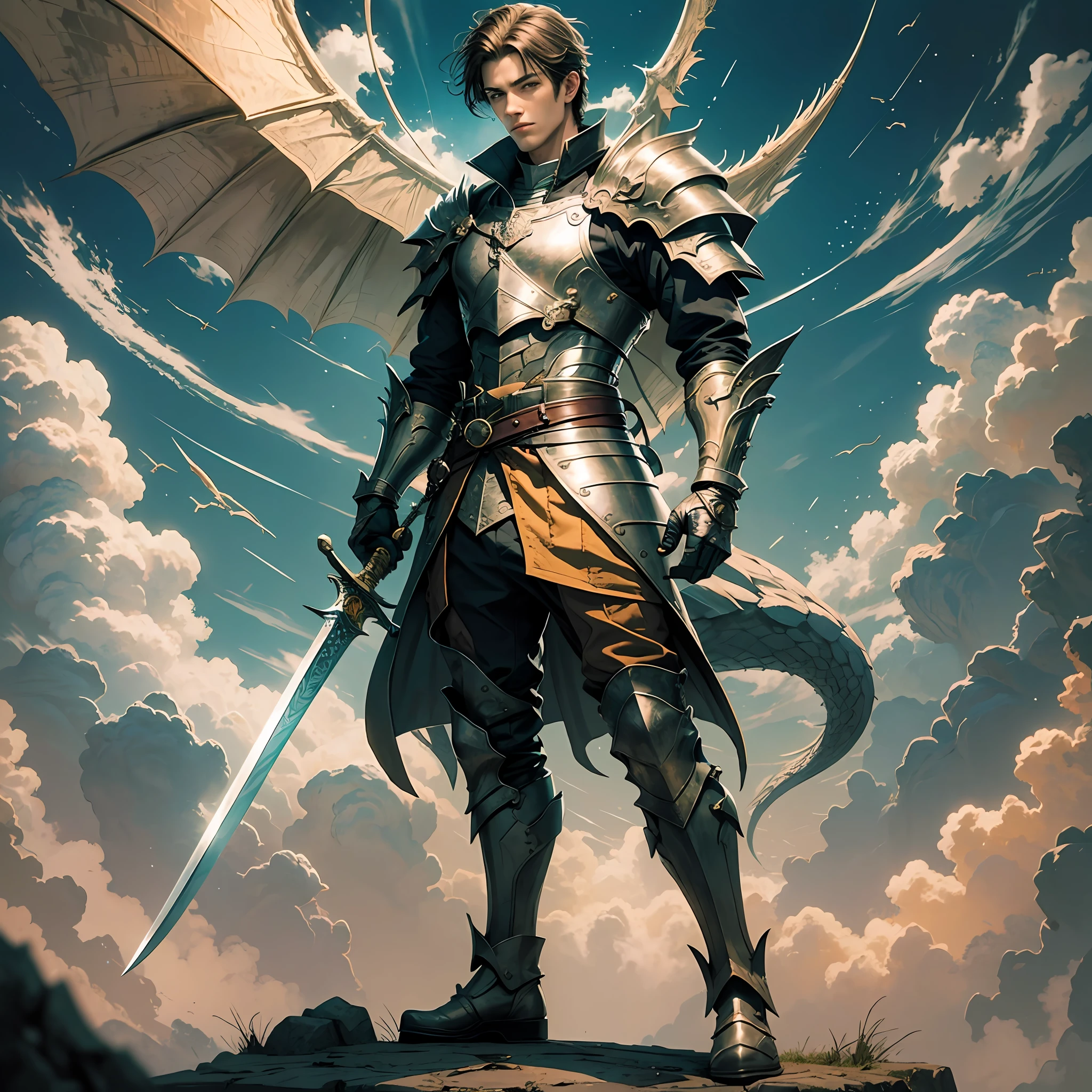 A very handsome young man, holding a dragon slaying sword, standing at the top of the world, proud of all things --auto --s2