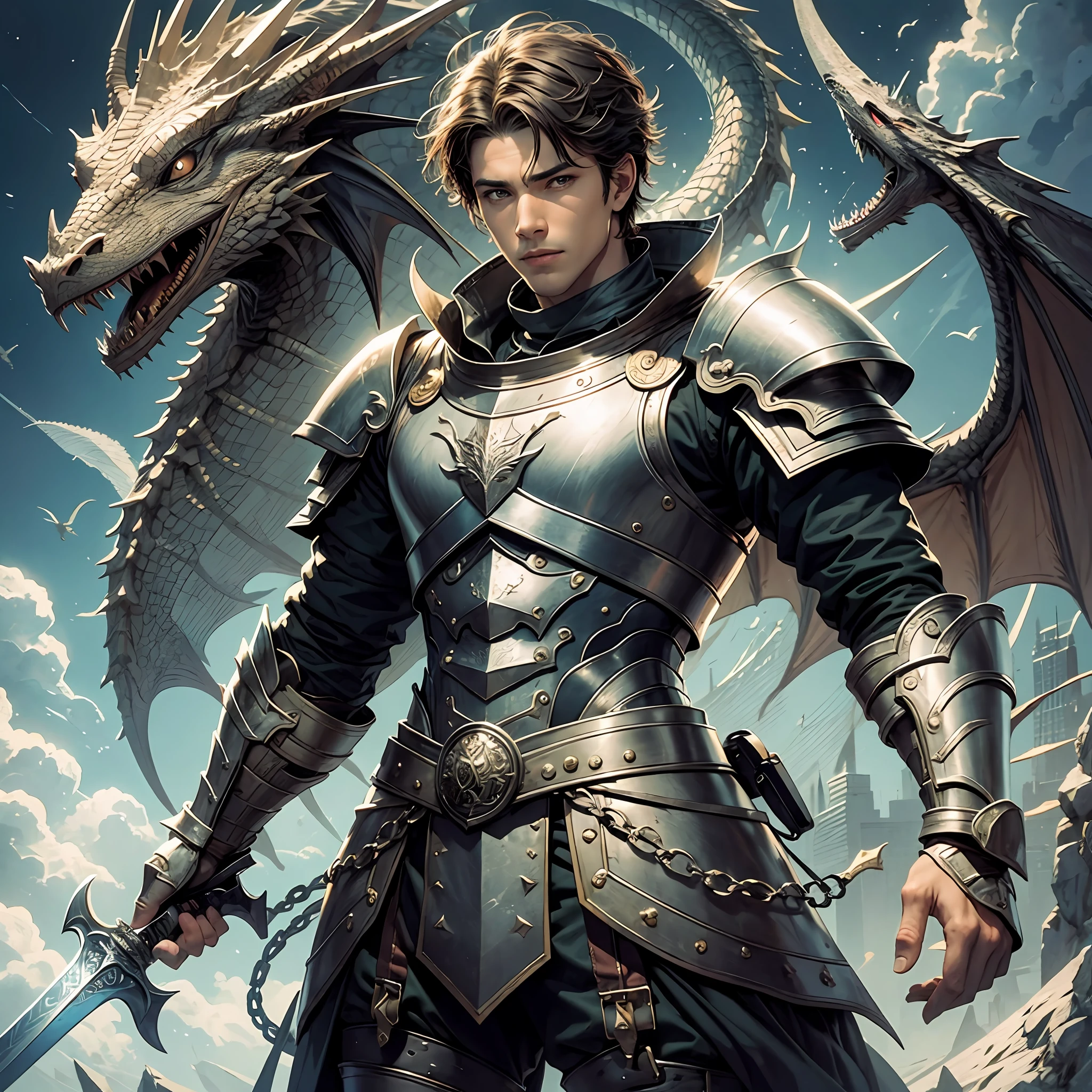 A very handsome young man, holding a dragon slaying sword, standing at the top of the world, proud of all things --auto --s2