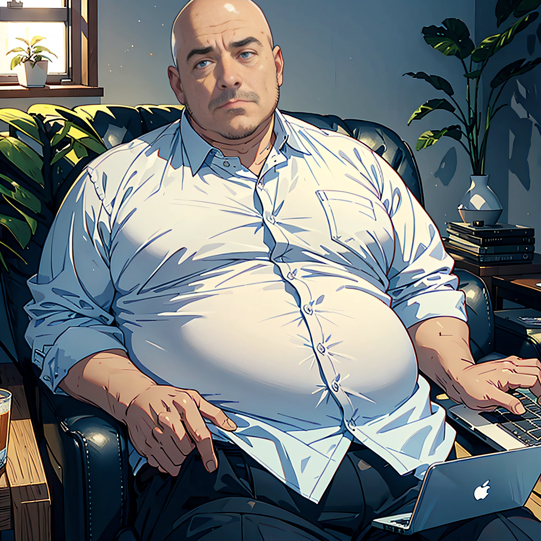 1 man, bald, obese, middle-aged man, white shirt, sitting on couch with laptop in hand