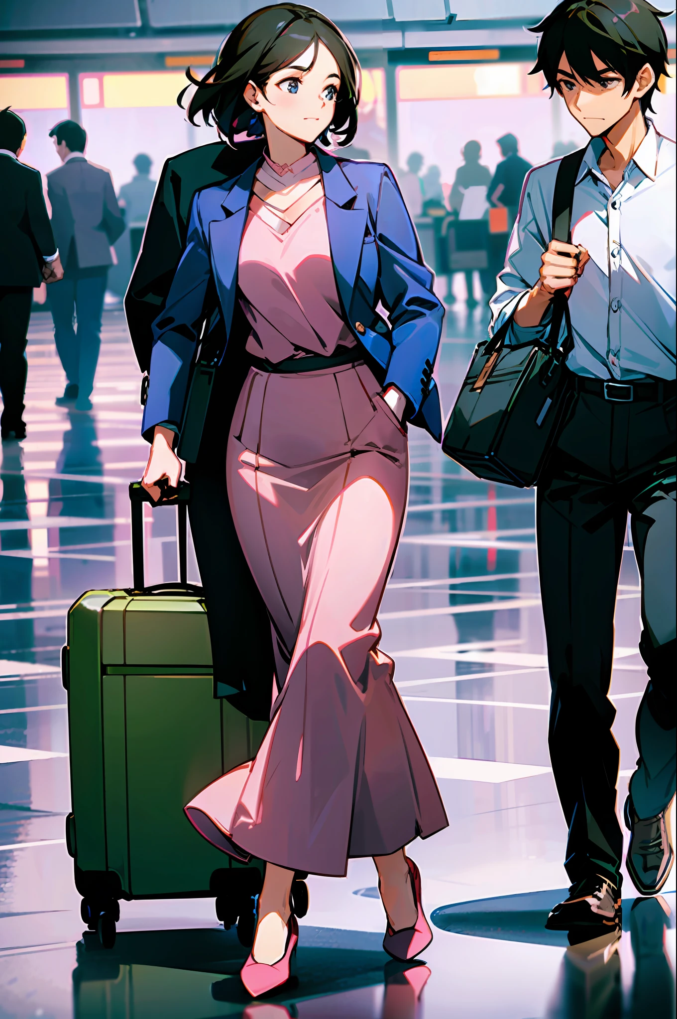 A man and a woman pull their luggage to the airport.