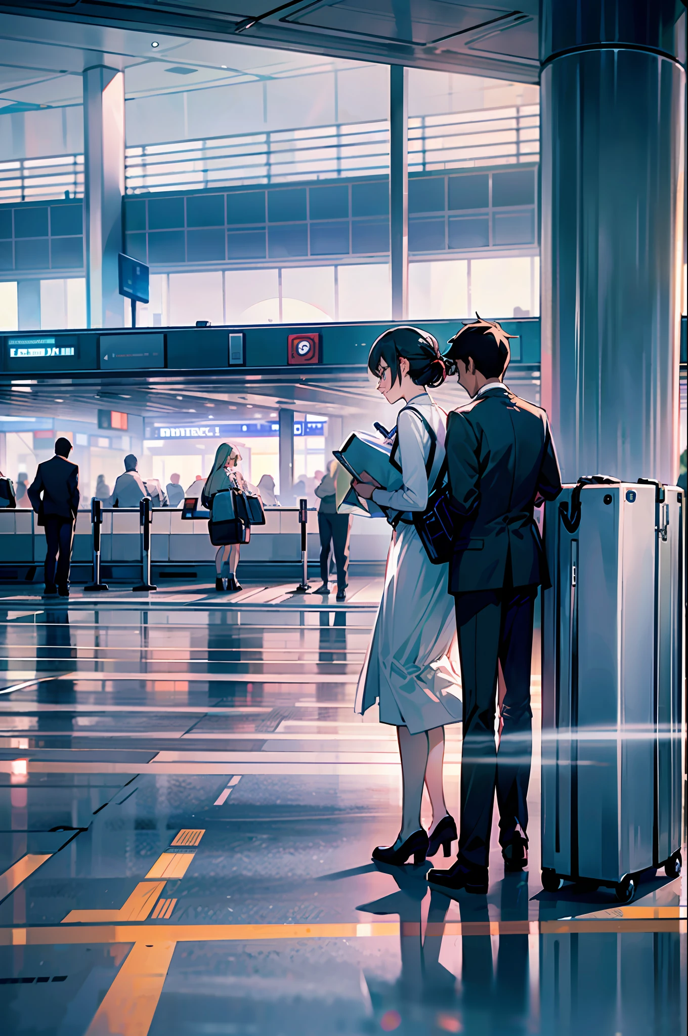 A man and a woman pull their luggage to the airport.