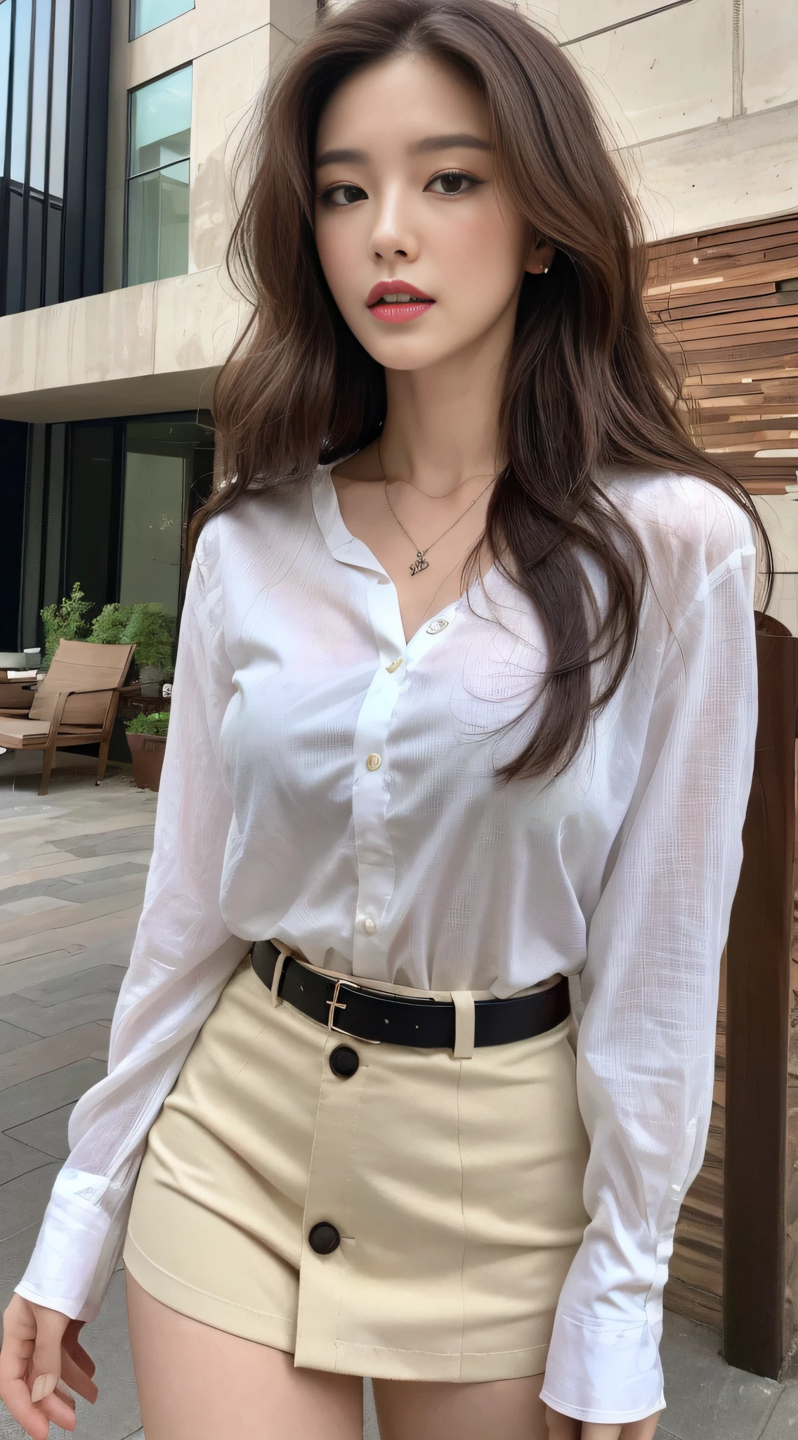 (Best quality, High resolution, Masterpiece :1.3), A tall and pretty woman, Slender abs, Dark brown hair styled in loose waves, Breasts, Wearing pendant, White button up shirt, Belt, Black skirt, (Modern architecture in background), Details exquisitely rendered in the face and skin texture, Detailed eyes, Double eyelid