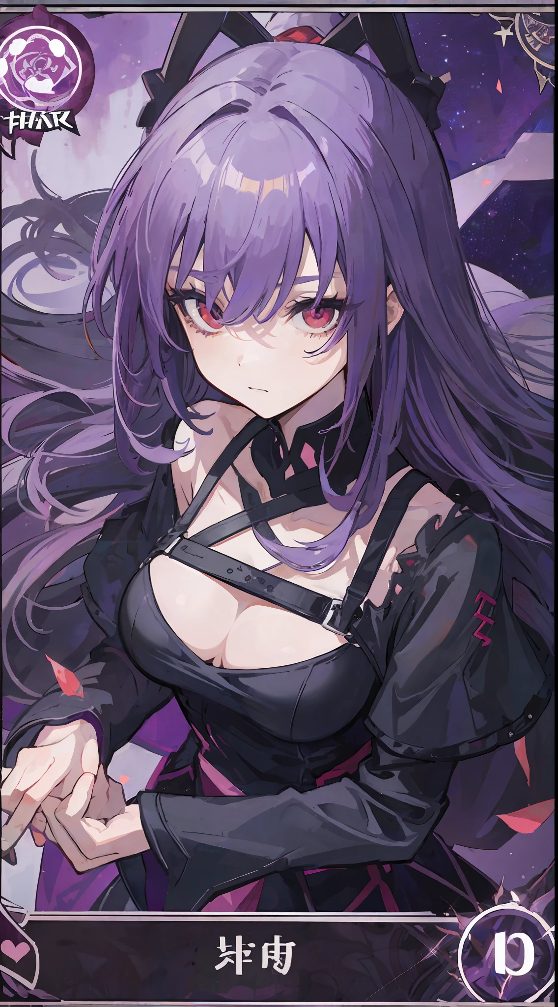 1Gir,l purple hair, sharp red eyes, make it like an anime-style tarot card very nice and detailed, no mistakes and no text.