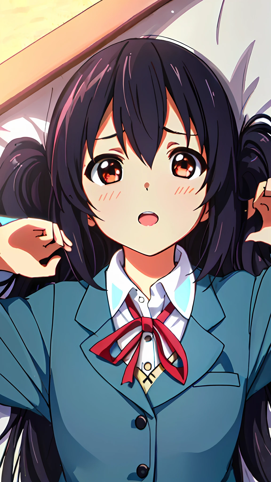 1girl, ((((Masterpiece))), Best Quality, Best Quality, High Detail, Azusa Nakano, 1girl, Sakuragaoka High School Uniform, Musical Instrument, School Uniform, Twin Tails, Long Hair, Black Hair, Brown Eyes, Solo, Red, Dark blue blazer with a thin ribbon of red, Solid white button shirt under blazer, Illustration, Cartoon, Soothing tones, Muted colors, Soft cinematic light, Adobe Lightroom, Photo Lab, HDR, complex and highly detailed, (((depth of field))))). (((Masterpiece))). (((highest quality))).) ((super detail))). (((Illustration))). (((Outside))). (((fighting stance))).,(((Lying down))).dynamic focus.small breasts.. (((Face of sadness))). Open mouth.Close your eyes.Spread your arms.Ground.Lie on your back.