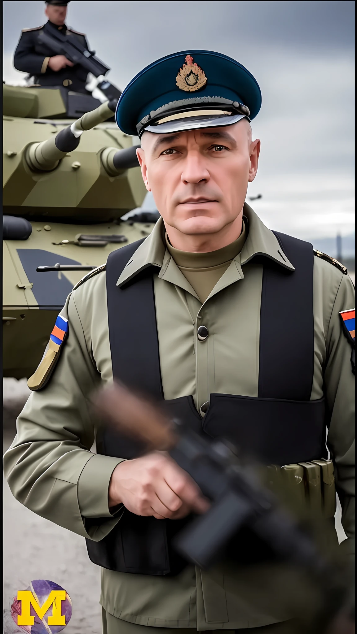 a captain dressed in hyper-realistic military attire, Russian army attire, with several soldiers and tanks behind; Crisp cinematic features, 35mm lens, f/1.8, accent lighting, global illumination –uplight –v 4 --auto --s2