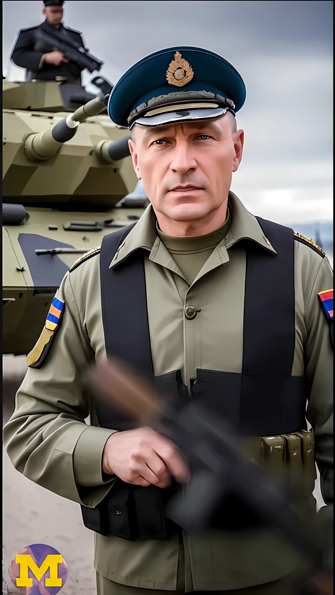 a captain dressed in hyper-realistic military attire, Russian army attire, with several soldiers and tanks behind; Crisp cinematic features, 35mm lens, f/1.8, accent lighting, global illumination –uplight –v 4 --auto --s2