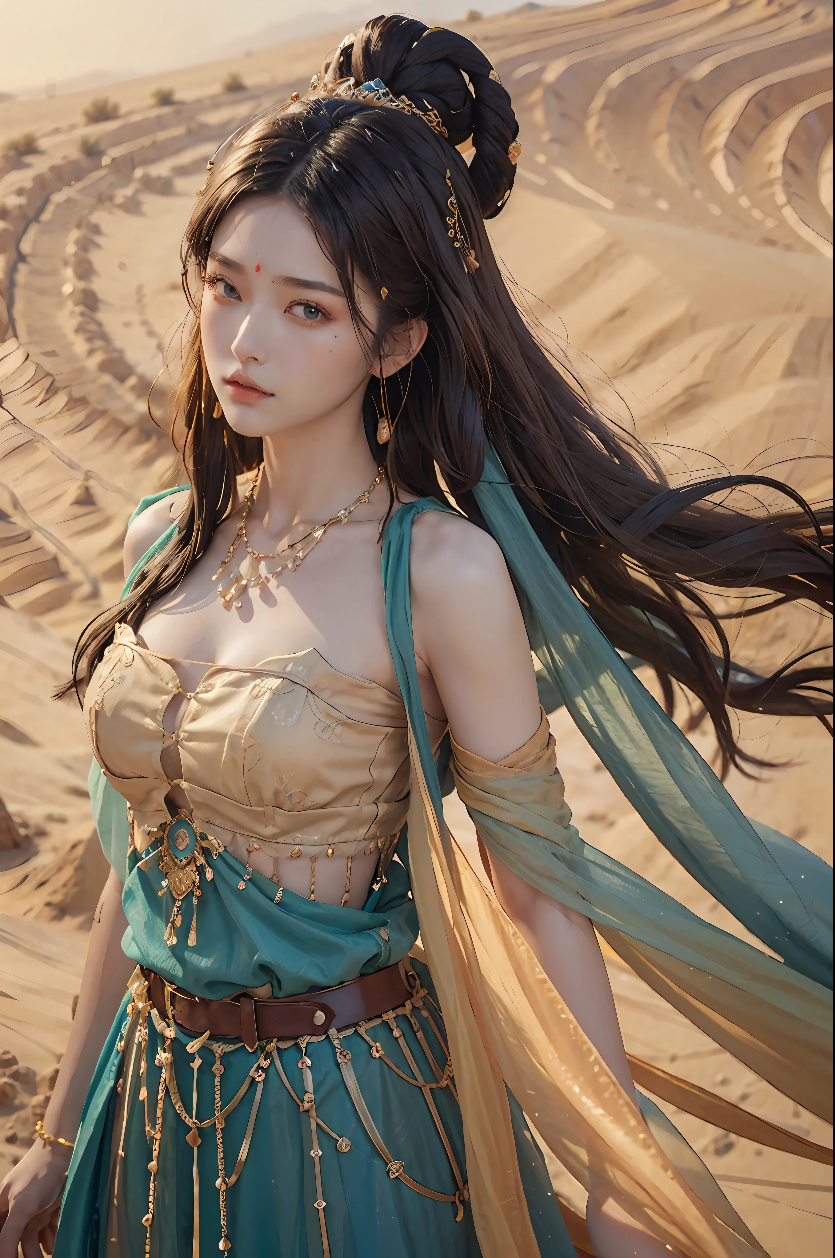 (Masterpiece: 1.3), best quality, high resolution, a tall and beautiful woman with dense textured skin, fine double eyelids and bright eyes, dark brown wavy hair, dunhuang_dress, dunhuang_clothes, around a belt, wearing a necklace, (desert dunes as a background), presenting beautiful facial details and skin texture.