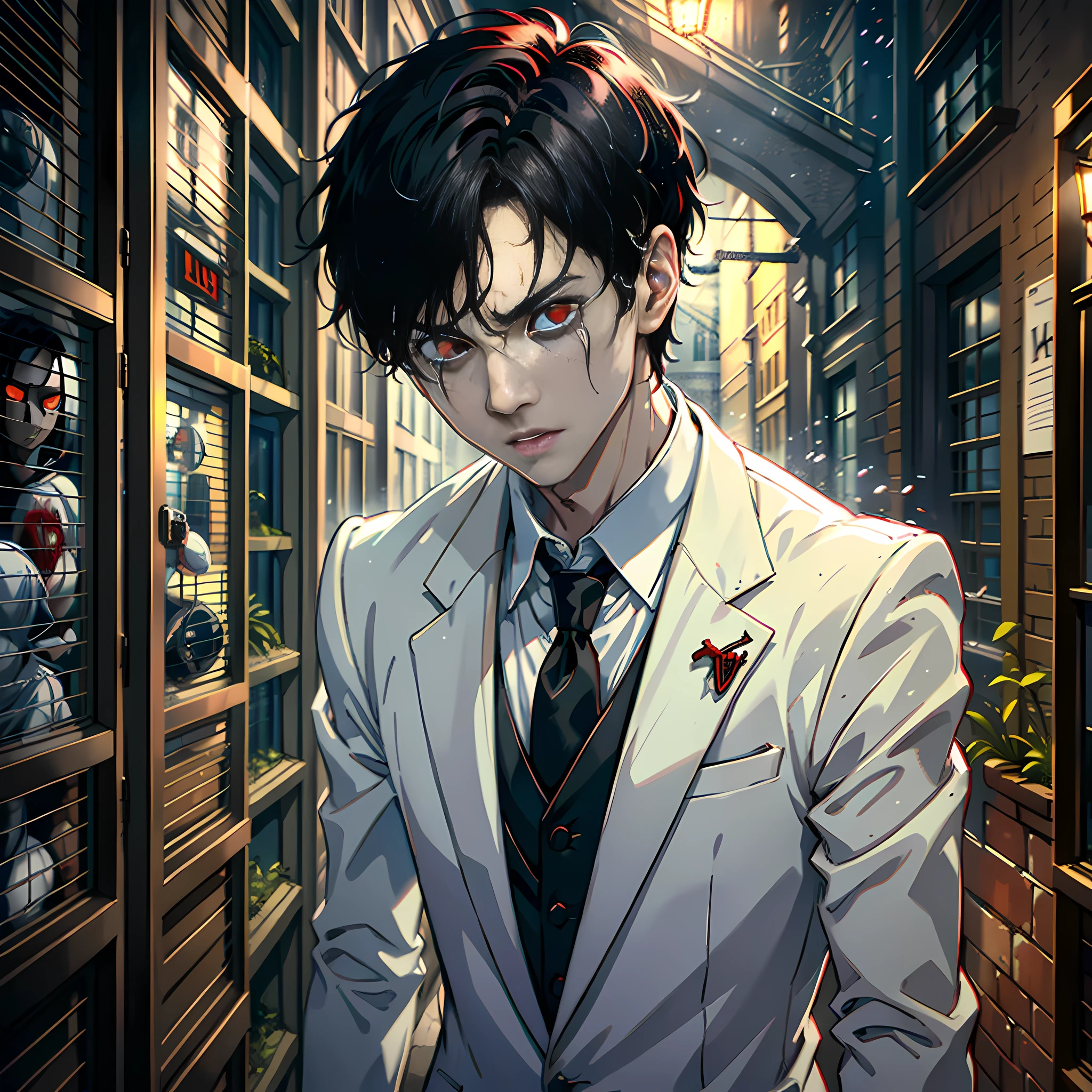 Night, night, a handsome boy, sideways, red eyes, about to turn into a zombie, short black hair, white suit, surprised, scared, small courtyard, highly real, 4K, dark light, chiaroscuro, super high detail