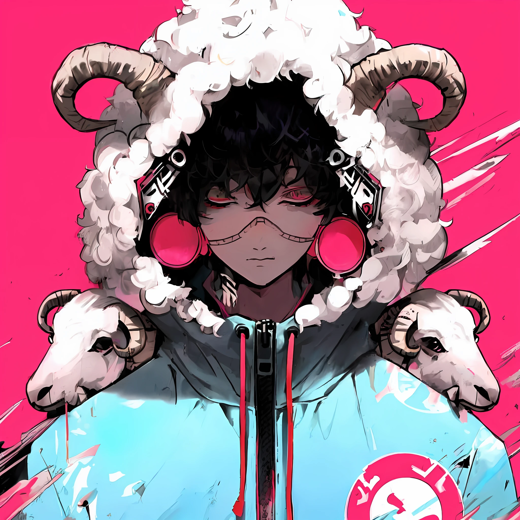 Anime characters wearing goat hoodies and headphones, Gutweitz-style artwork, Danganronpa digital art, Sachin Teng's style, Gurvitz's masterpiece, inspired by Jamie Hewlett, Guwitz, Akira style, Sachin Teng, 4K comic book wallpaper, Akira vibe, Jamie Hewlett art, looking at an absolutely mesmerizing sunset on the beach with a mix of orange, pink and yellow in the sky. The water is crystal clear, gently kissing the shore, and the white sand beach stretches as far as the eye can see. The scene is dynamic and breathtaking, with seagulls soaring high in the sky and palm trees gently swaying. Soak up the calming atmosphere and let tranquility envelop you.