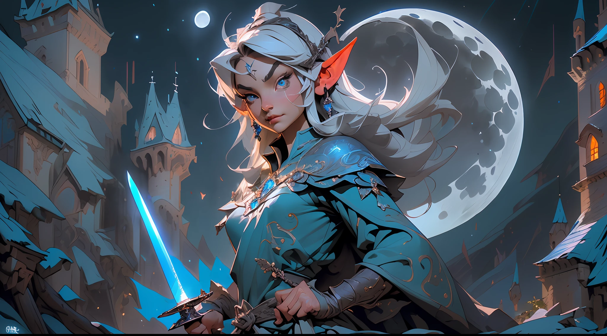 (blue night elf:1.2),(castle background:1.5),(night:1.3), mysterious and alluring expression, elegant and sharp ears, silver hair that seems to glow in the dark, (brown eyes:0.9), (sword in hand:1.2), powerful stance, (mountains:1.2), (full moon:1.3), (magic glow:1.4).