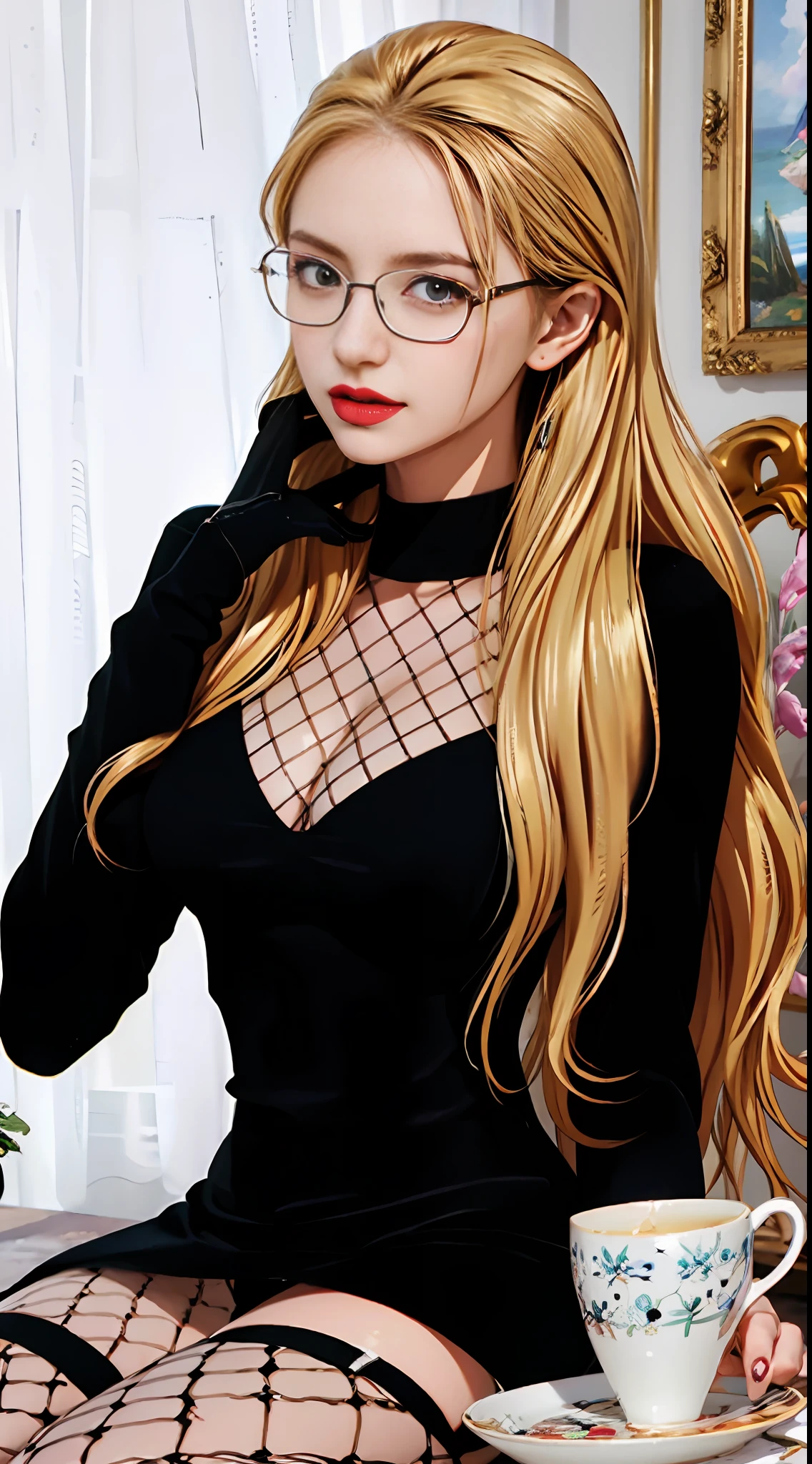 califaop, (a woman, long blonde hair, fishnet stockings,glasses:1.1), ((masterpiece:1.4, best quality)), ((masterpiece, best quality)), (photo realistic:1.4), solo, medium bust, big dark eyes, pretty, young, looking_at_viewer, V shaped_one piece, black dress, miniskirt, long sleeves, gloves, smiling, sexy pose, teacup, teapot, drinking tea, sitting on chair, professional lighting, physically -based rendering