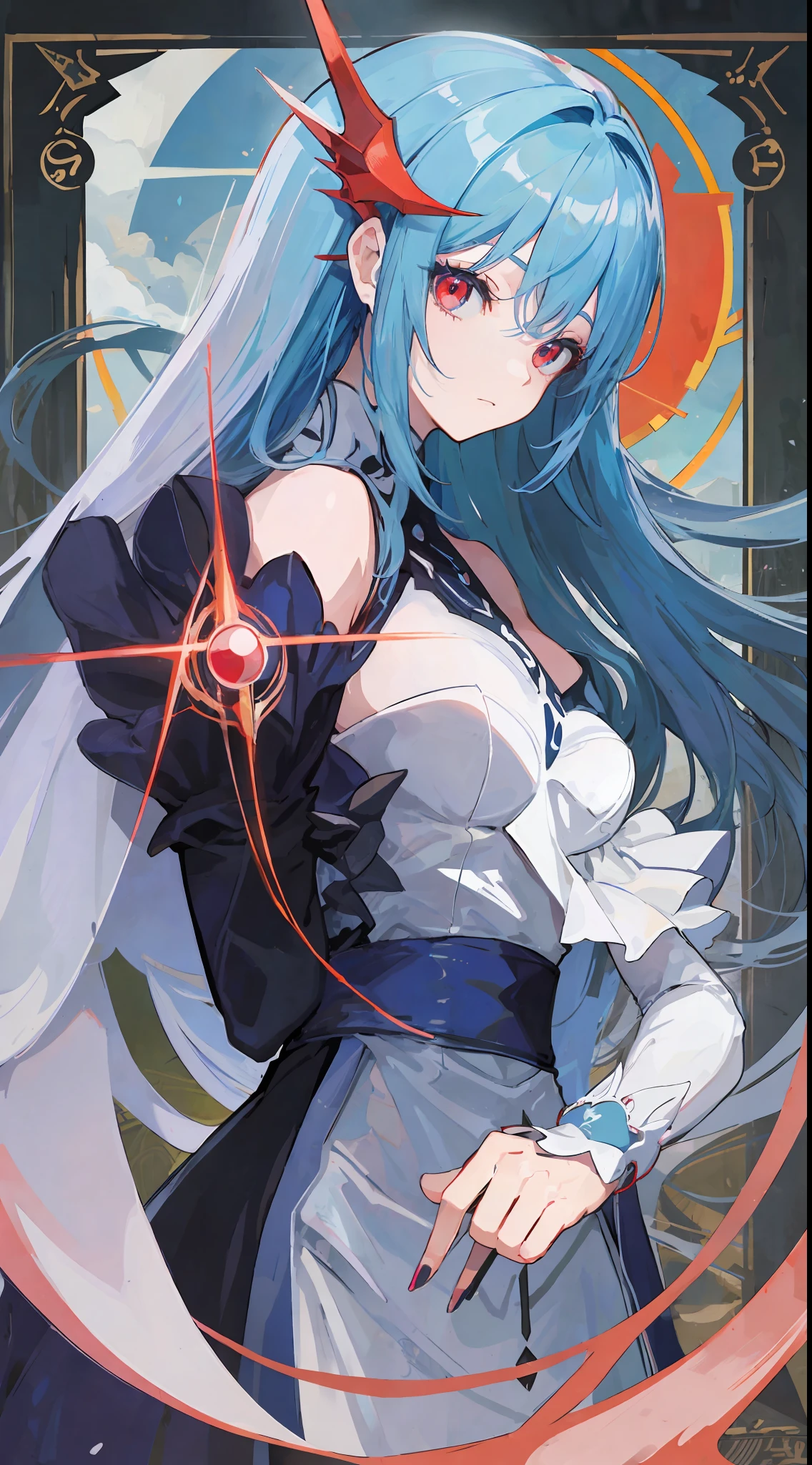1girl, blue hair, sharp red eyes, make it like an anime-style tarot card very nice and detailed, no mistakes and no text.