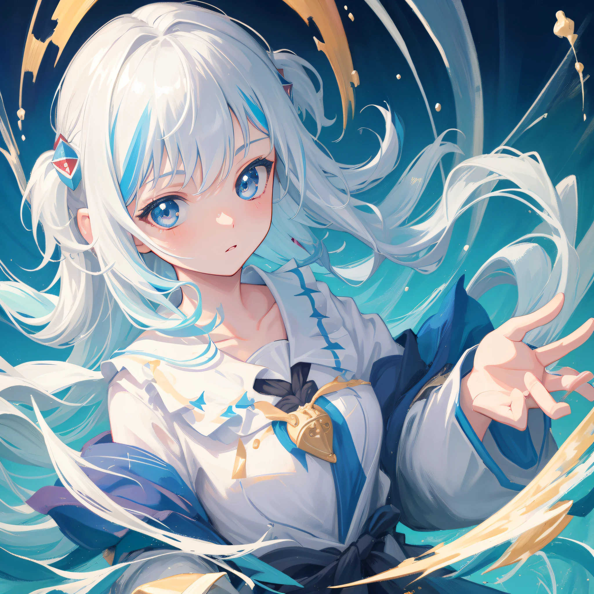 (人物: Gawr Gura),(masterpiece:1.2), 1girl, solo, best quality, shiny skin, hyper detailed ultra high res, in the water, underwater, cute, looking at viewer, extremely detailed wallpaper, close up portrait