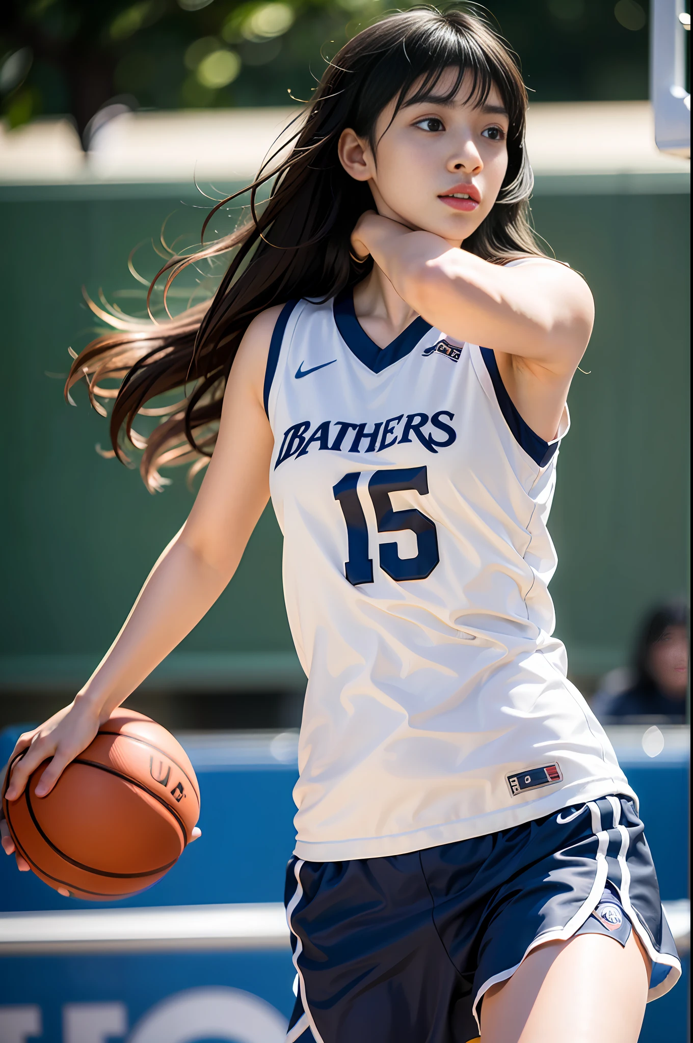 (8k, Best Quality, Masterpiece: 1.2), (Realistic, Realistic: 1.37), Ultra Detailed, Best Quality, Ultra High Resolution, Professional Lighting, Photon Mapping, Radiosity, Physically Based Rendering, Cinematic Lighting, Basketball court, depth of field, clear focus, sunlight, good composition, (bokeh: 1.2) 1girl, solo, (full body), (closed mouth), beautiful and detailed eyes, pose, narrow waist, basketball uniform, black hair , messy hair, long hair blowing in the wind, (ulzzang-6500:1.2) mix4, hiqcgbody