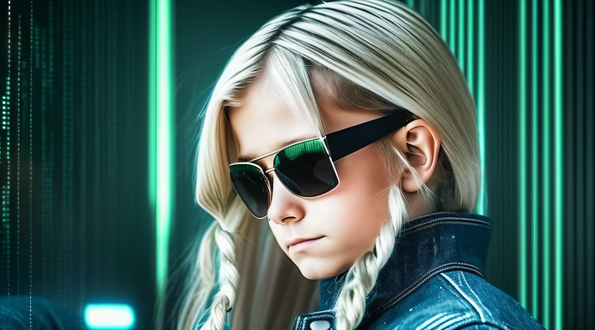 12 YEAR OLD RUSSIAN STYLE GIRL, BLONDE LONG HAIR, DENIM JACKET AND JEANS. a closeup of a skull in the dark with a green glow, skull on screen, liminal empty background skull, portrait of a cybernetic skeleton, matrix text, corrupted data, hacker, cybernetic skeleton, computer wallpaper, skull, matrix code, matrix symbols in the background, welcome to the matrix, personal computer horror, green matrix code, matrix --auto --s2