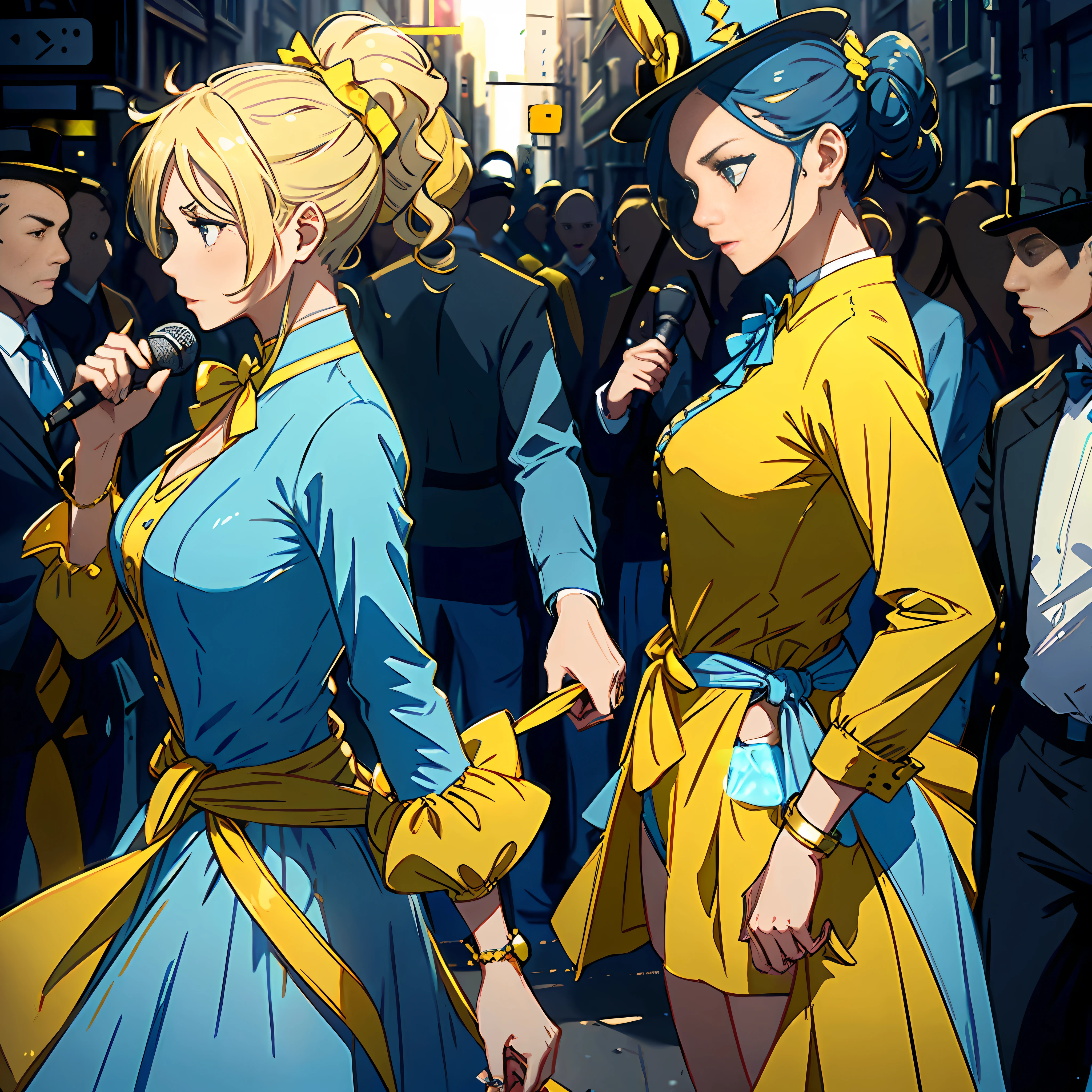 (1 woman, double ponytail in gold, light blue dress, bright yellow tunic around the waist, tied into an exaggerated bow at the back, a round gemstone pinned to the chest, a top hat on the head), camera, interview, microphone, street in the background