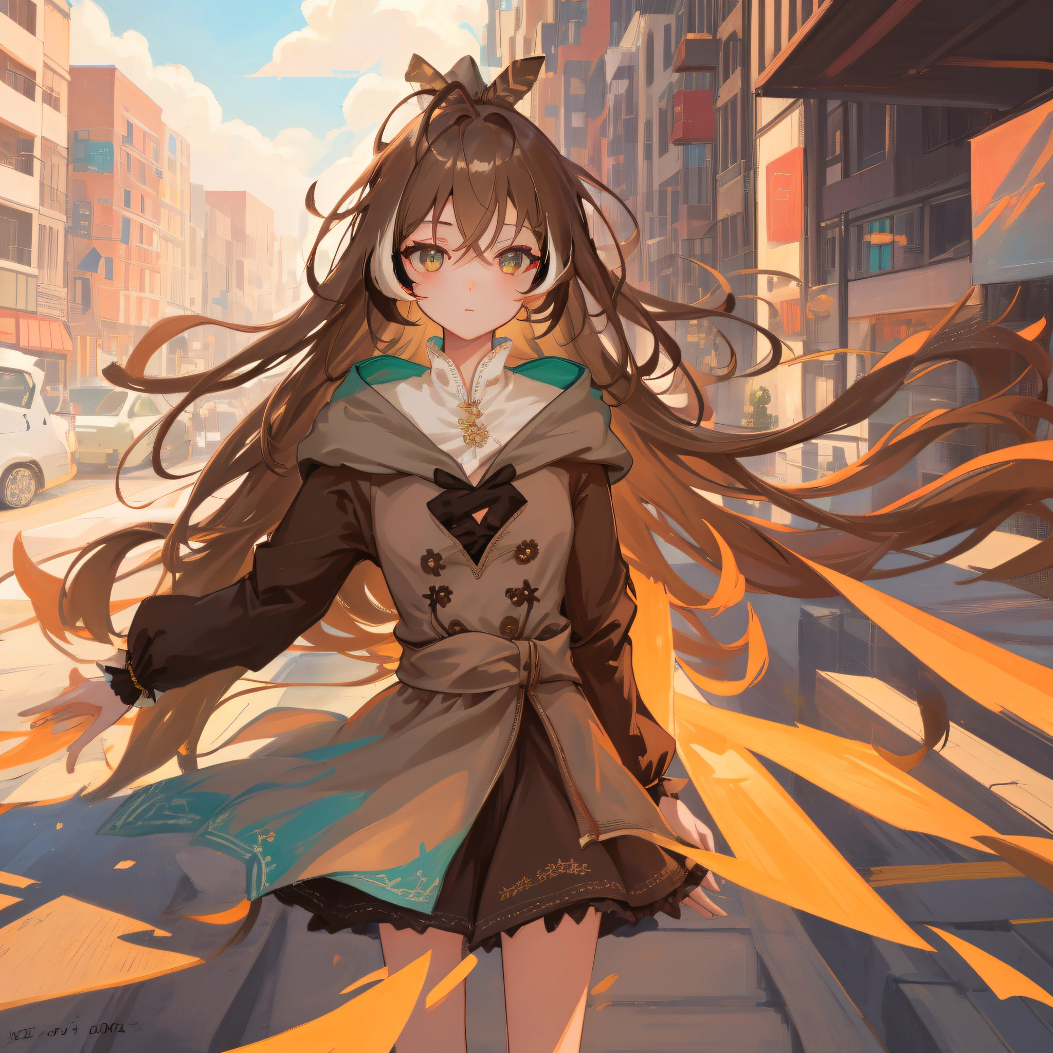 (人物: Nanashi Mumei), (flat color:0.9),(colorful:1.1),(masterpiece:1.2),1girl, solo, {brown hair}, best quality, shiny skin, hyper detailed ultra high res, sunlight, cute, looking at viewer, city, in the city